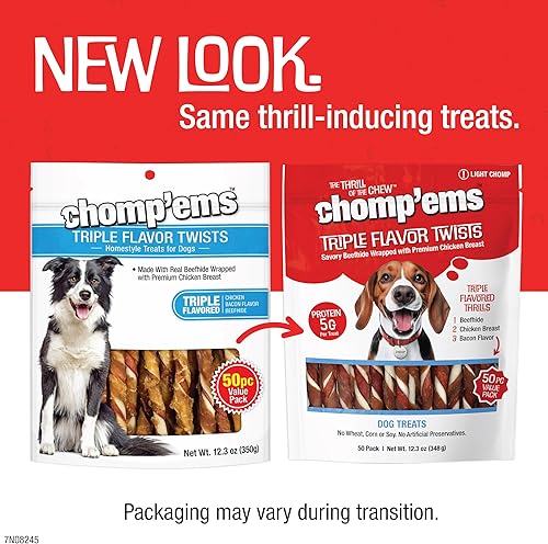 Miniatura 3 de CHOMP 'EMS Palitos giratorios de cuero crudo de triple sabor Masticables para perros de piel de res, 50 unidades