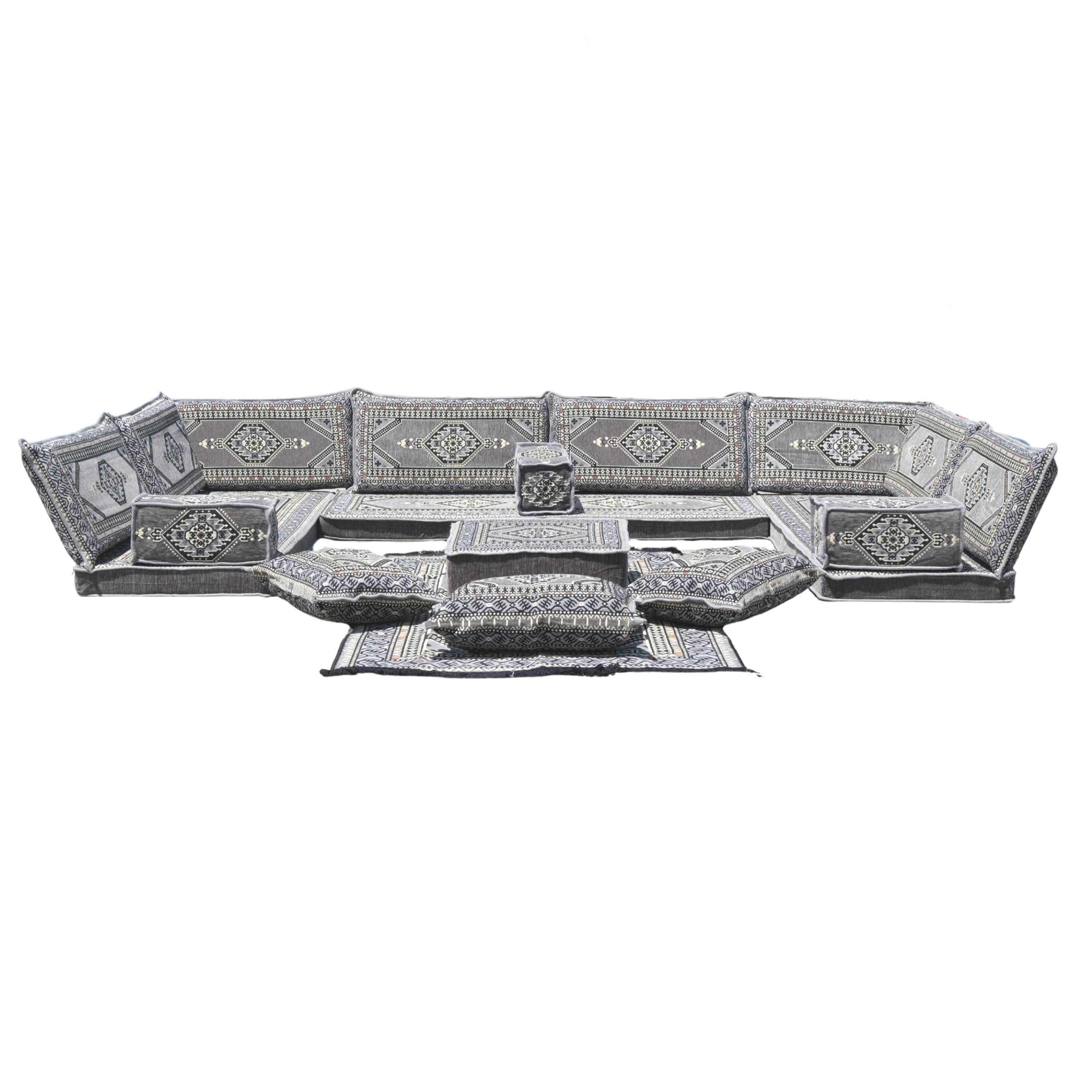 mysticalanatolia Arabic Majlis Sofa Grey Set Floor Seating U Shaped Living Room Furniture Traditional Jalsa Mattress Lounge Home Decor Modular Cushions Washable Oriental Sectional