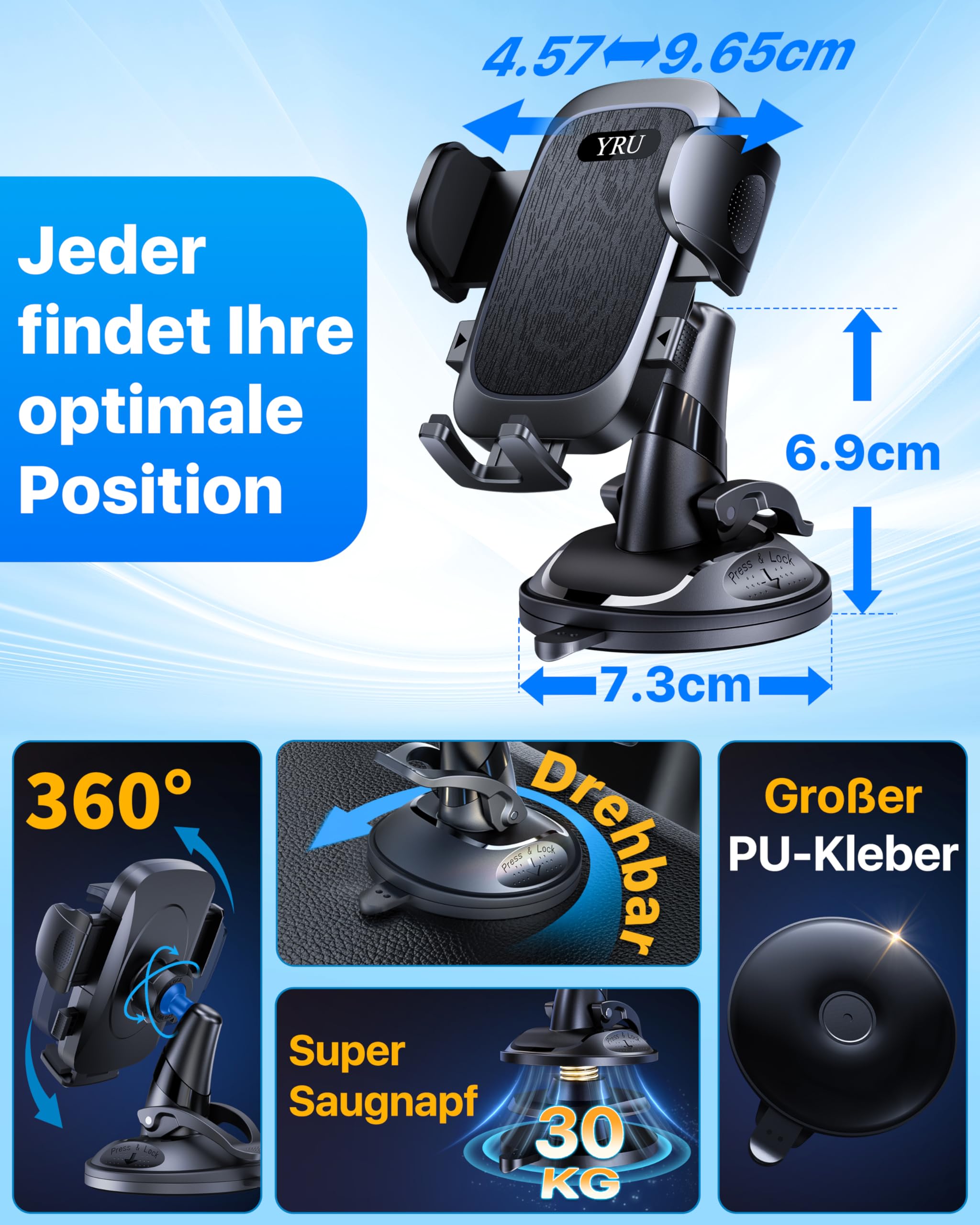 2026 Exclusive Wackelfrei Handyhalterung Auto YRU【Upgrade Bombenfest Saugnapf & Clip】Handy Halterung Auto Kein Rückstand 360° Drehbar Handyhalter Armaturenbrett Scheibe für iPhone Samsung, Mattschwarz