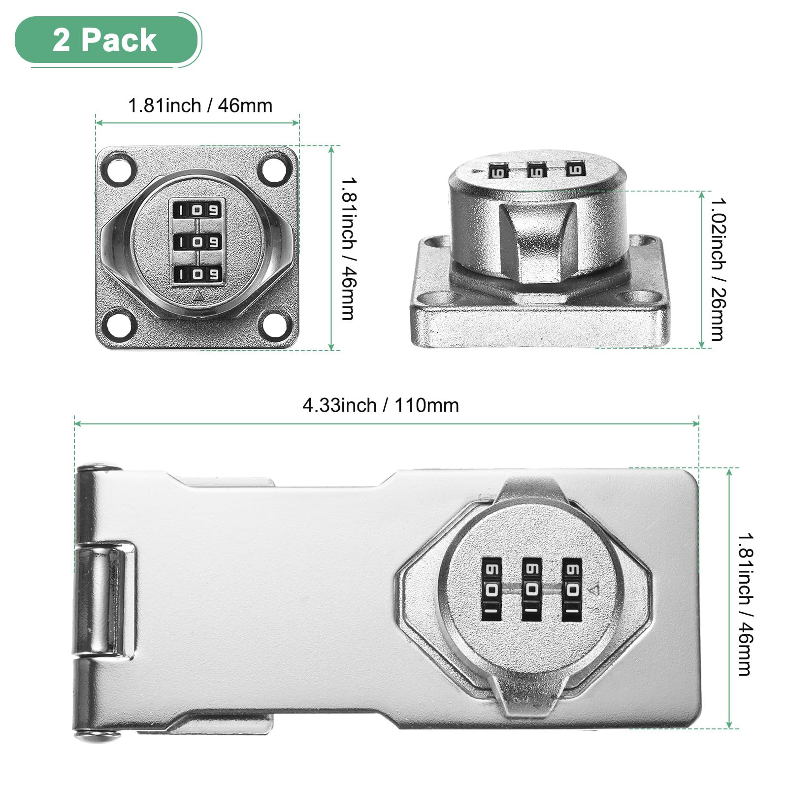 M METERXITY 2-Pack Keyless Combination Lock, 4.3" Zinc Alloy Mechanical Password Twist Knob Hasp Locks Latch - Image 3