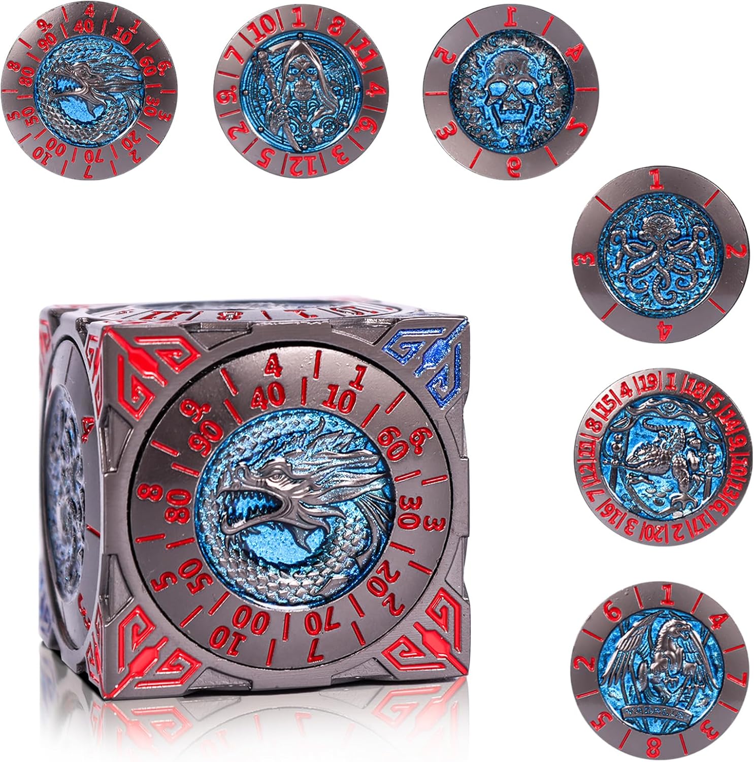 7 in 1 Spinner DND Dice Set, Metal Roulette DND Dice with 3D Relief for Dungeons and Dragons, Premium Unique Dice Spinner for DM & Tabletop Games RPG Players (Pearl Gun-Blue)