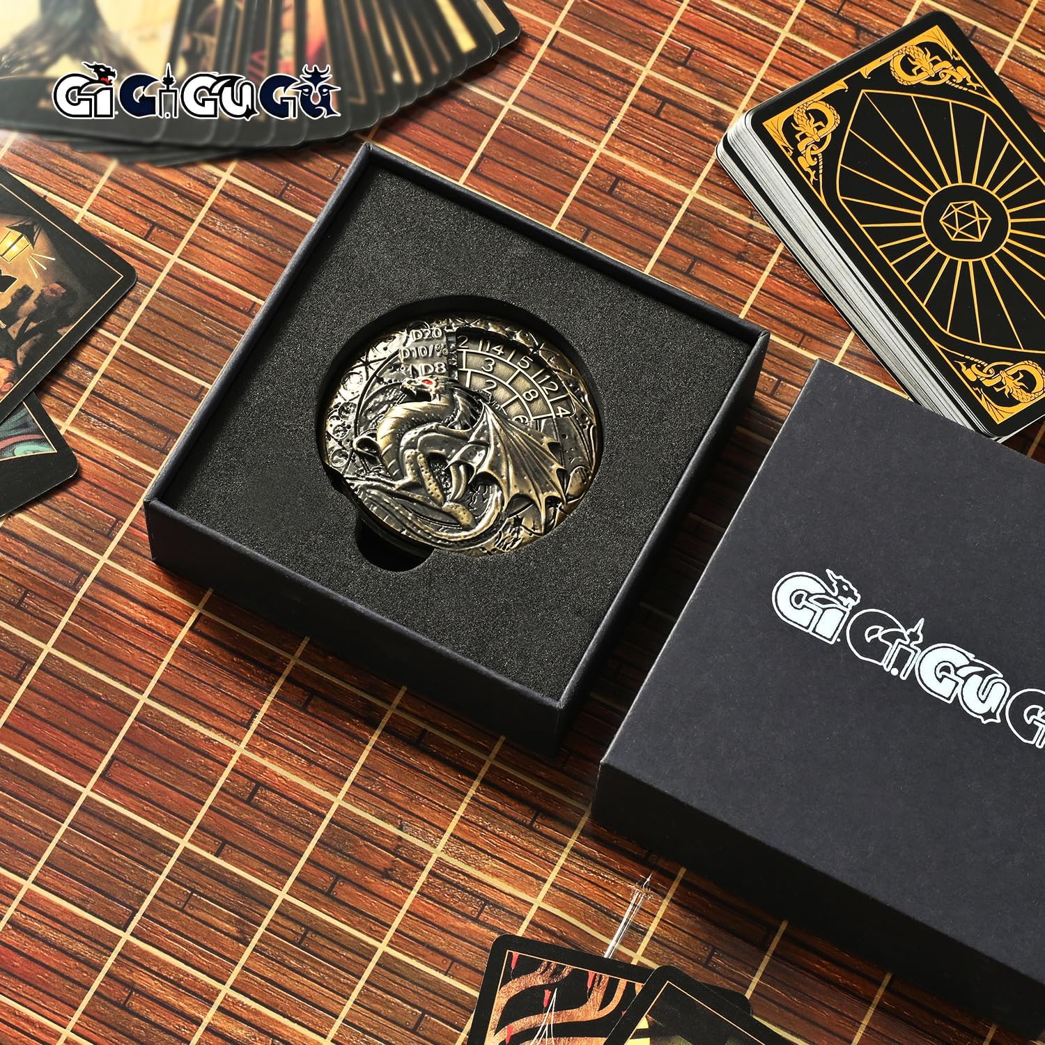 GiGiGuGu 7-in-1 Metal Spinner for Tabletop RPGs, Fantasy Dragon Roulette Coin with Cthulhu Design, Zinc Alloy Dice Replacement for DND, MTG, Pathfinder, Shadowrun(Antique Brass)