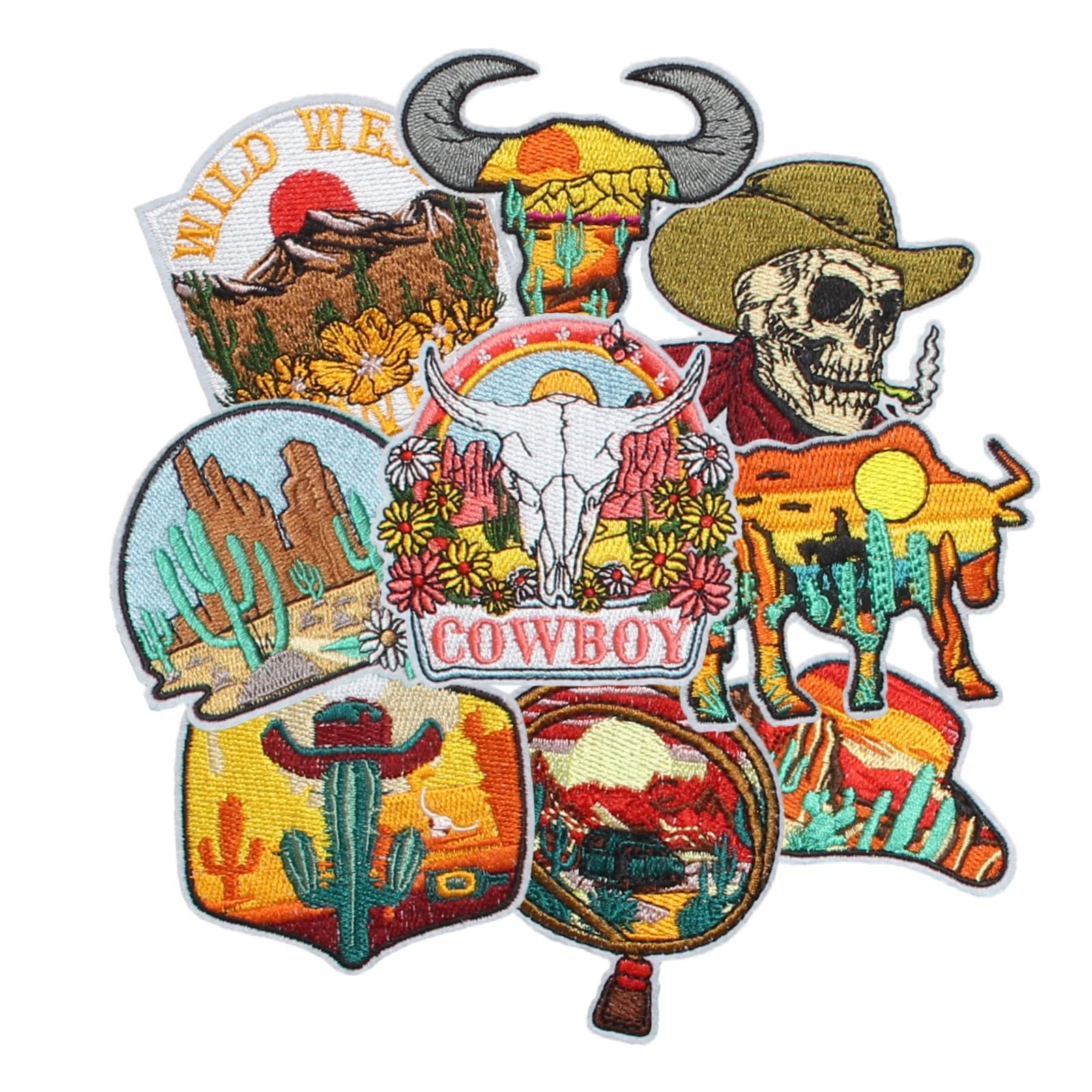 HEYTRCO 9PCS Cowboy Western Iron on Patches, Cool Cow Landscape Sunset Embroidered Repair Patches for Clothes, Custom Vintage Applique for Hats, Jeans