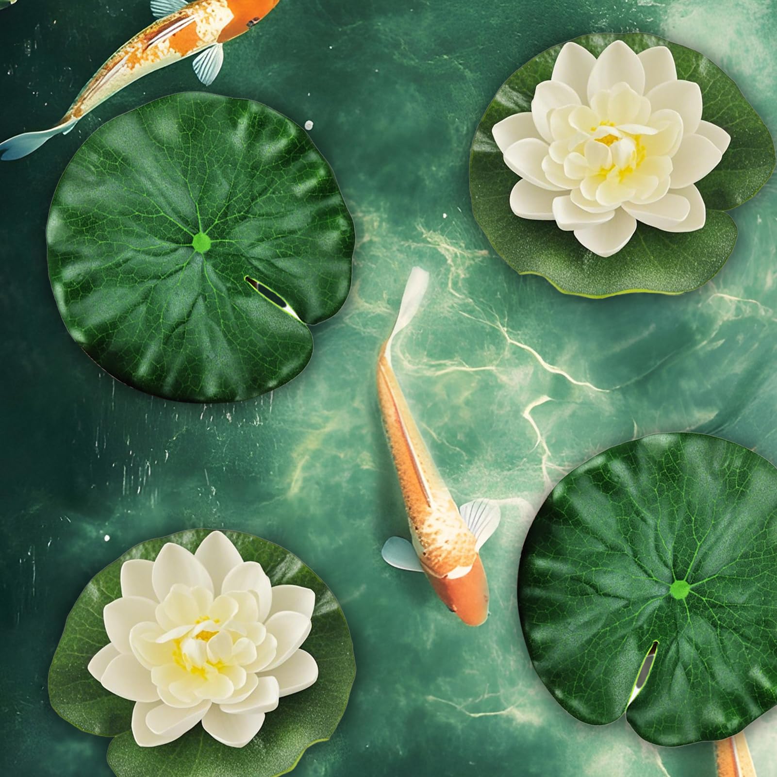 Set di 6 palline decorative, palline galleggianti, palline da giardino, argento, acciaio inossidabile con 4 foglie di loto galleggianti, fiori galleggianti, per laghetti da giardino