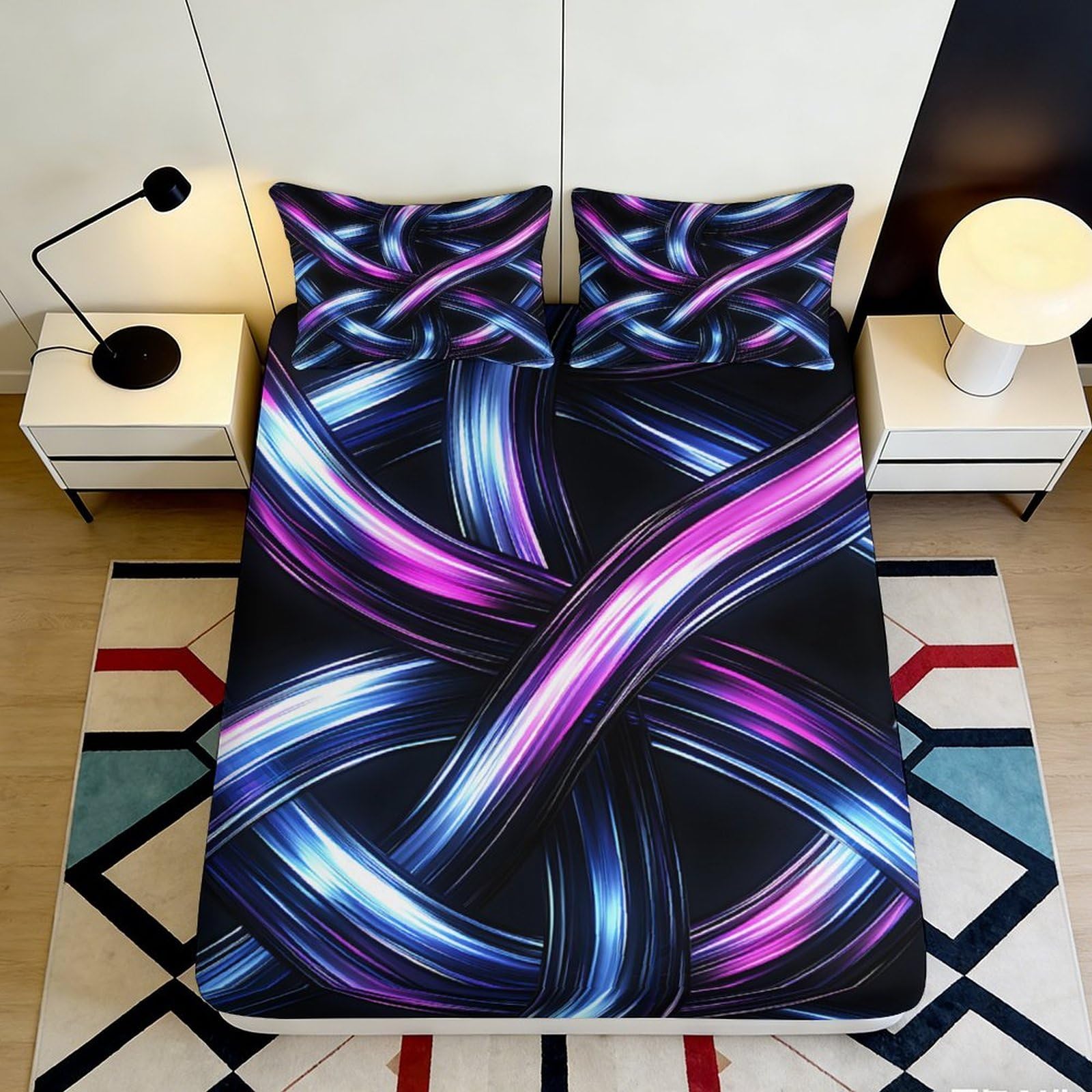 3D Printed Neon Ribbon Fitted Sheet Microfiber Soft Breathable Electric Swirl Mattress Cover for Bedroom Dorm Decor 90x200x25cm