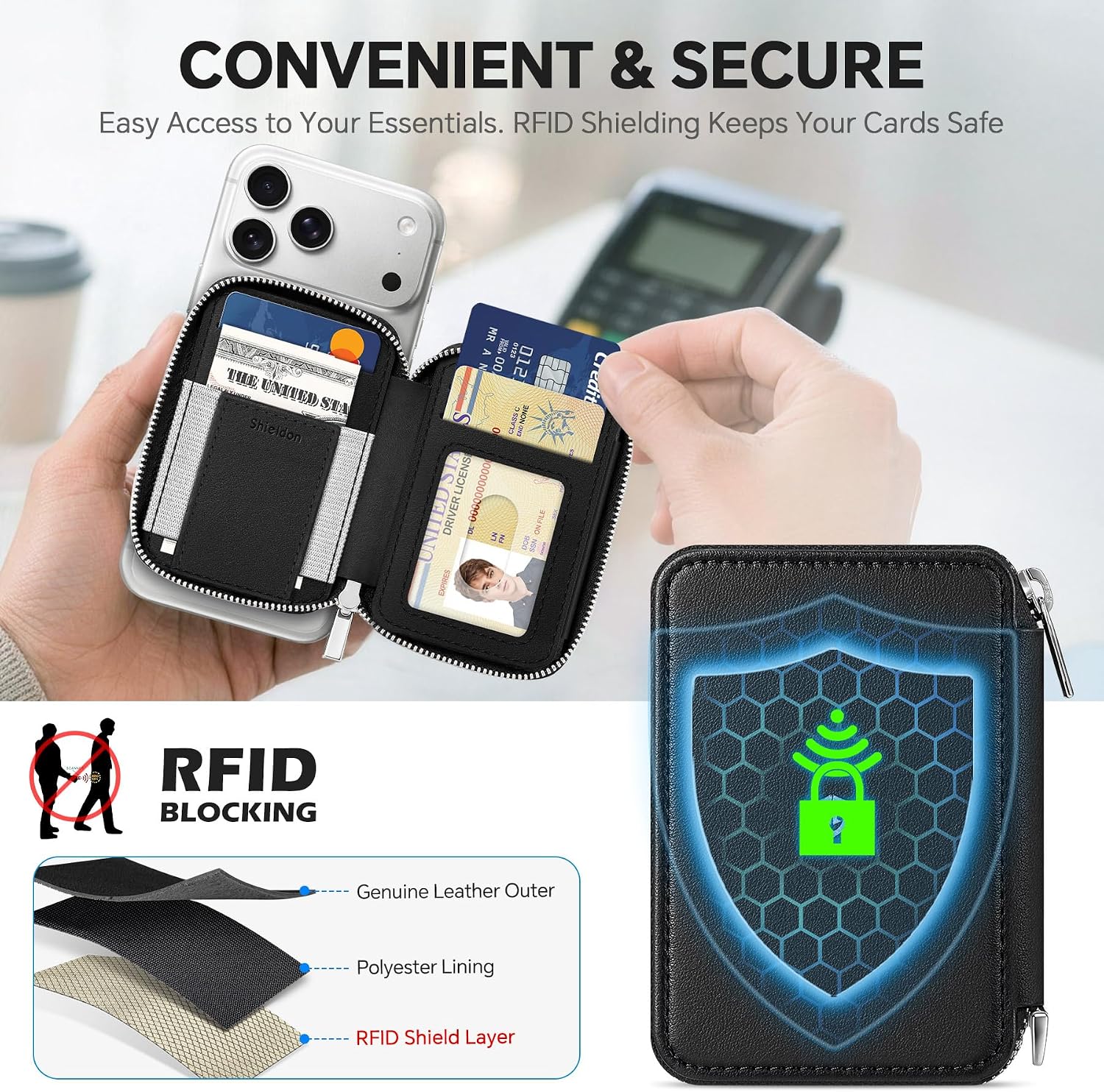 SHIELDON Genuine Leather Wallet for MagSafe, 12 Card Holder, Zipper Closure