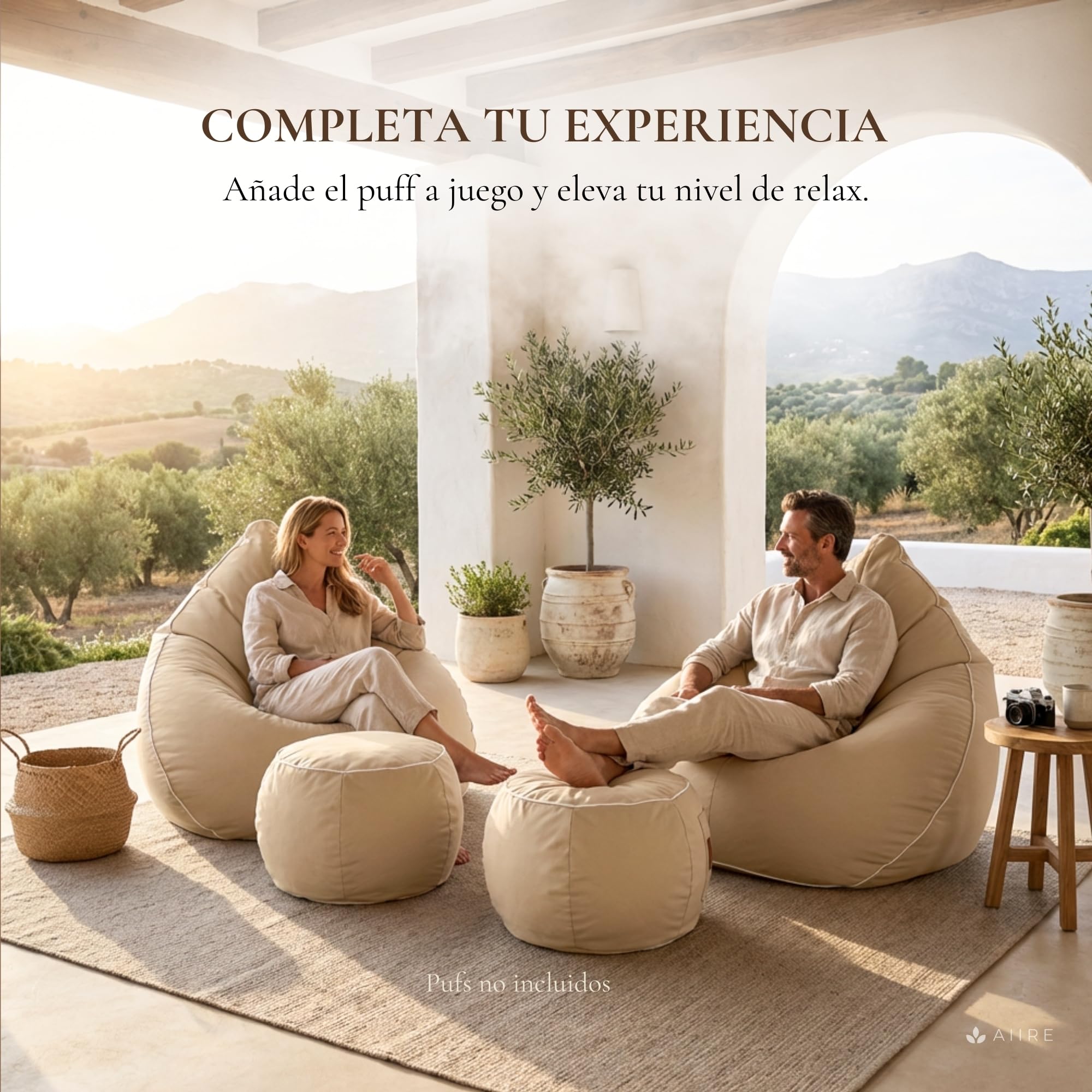 Aiire Puff Exterior Jardín en Olefina - Reposapies Puf con Relleno Incluido XXL de Diseño para Jardín,Terraza o Piscina - Reposa Pies Bean Bag Moderno - Taburete Sofa Beige [45x30]