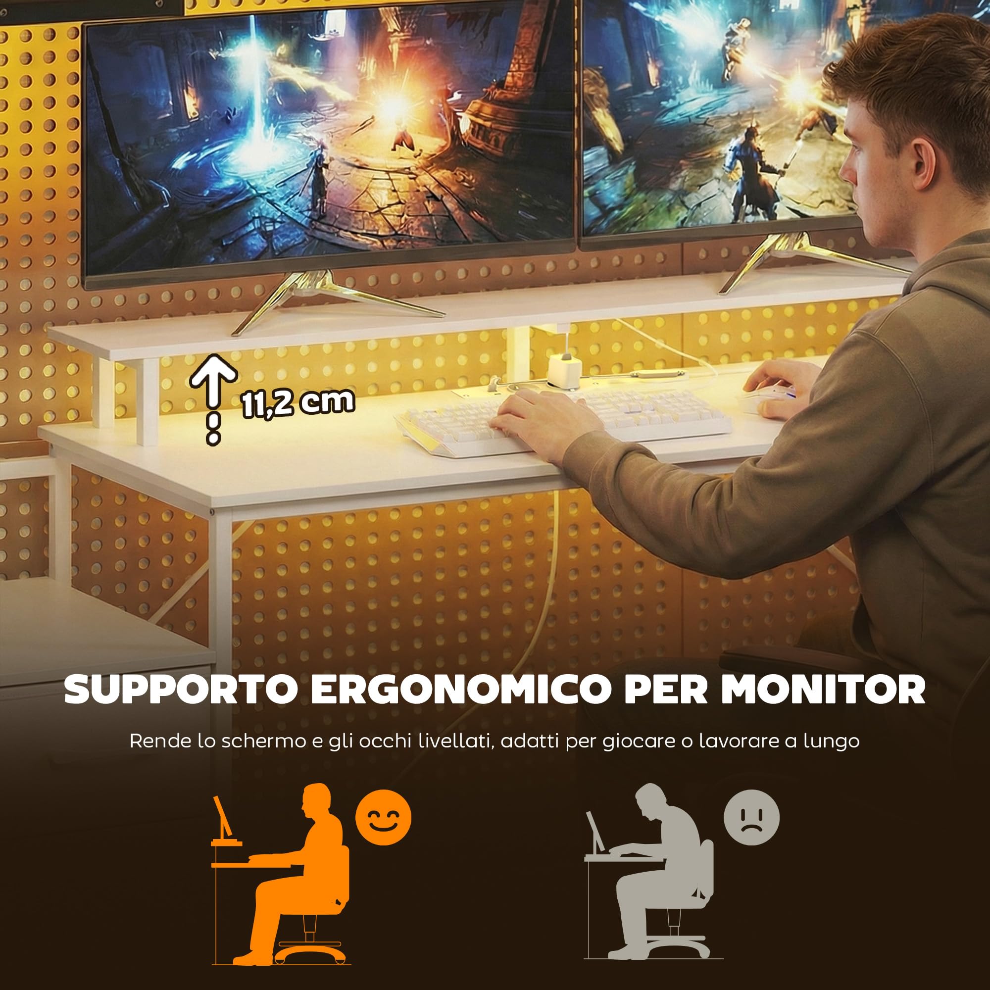 HOMCOM Scrivania Gaming con Supporto CPU Regolabile Reversibile e LED, 147x47cm Postazione Gaming con Stazione di Ricarica, Supporto per Monitor, 3 Cassetti in Tessuto, per Casa Ufficio Studio, Bianco