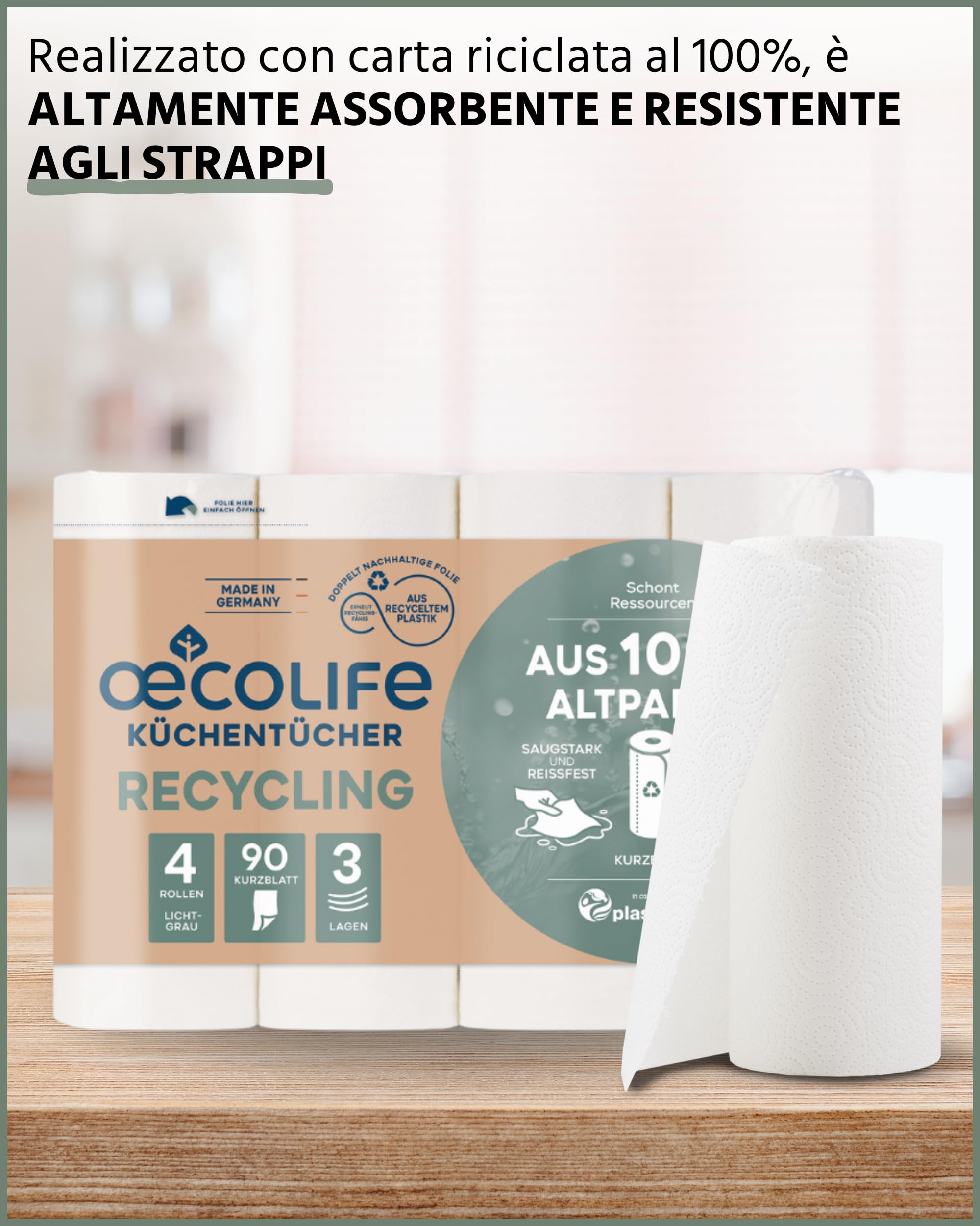 oecolife - Strofinacci da cucina ricicling, 48 rotoli da 90 fogli, fogli corti, rotoli da cucina, sostenibili, rotoli per la casa, asciugamani di carta, carta da cucina