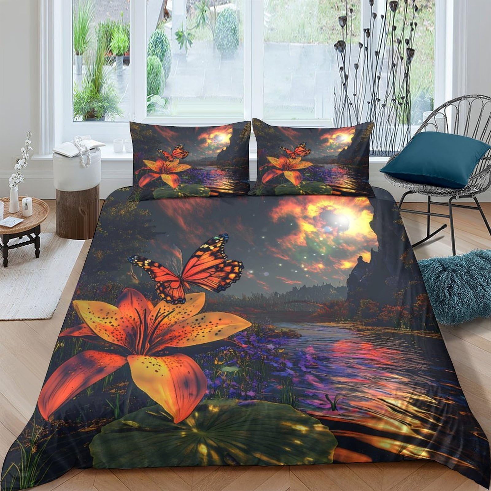 Ctjqhvkz Style-1 3D Printed Orange Lily Fitted Sheet Microfiber Butterfly Sunset Mattress Cover For Bedroom Decor Dustproof Easy Care Single（135X200cm）