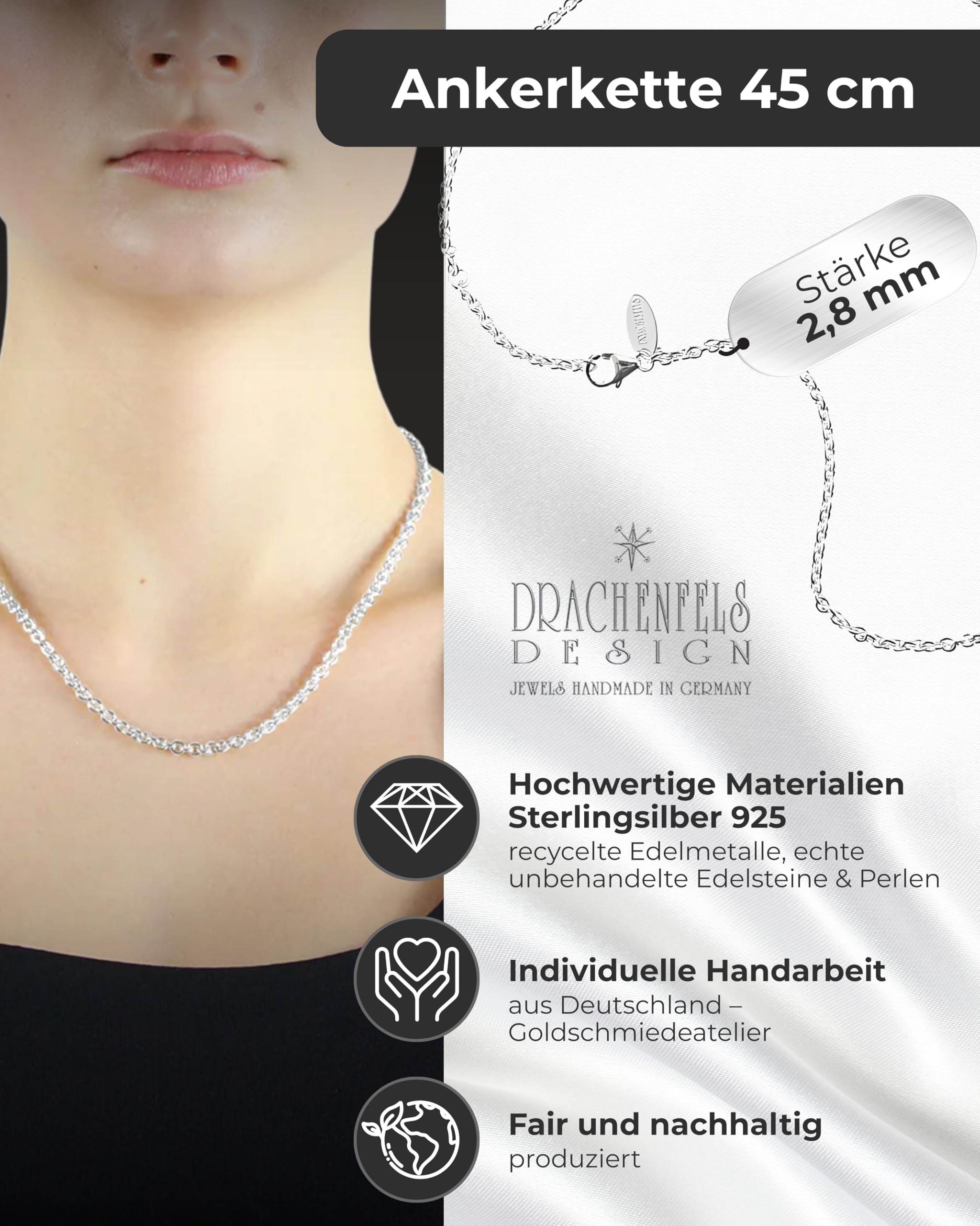 Drachenfels Ankerkette I Klassische Halskette für Anhänger aus hochwertigem 925 Sterling Silber I Länge 45 cm & Stärke Ø 2,8 mm I In Goldschmiedequalität gefertigt I D KA 52-1