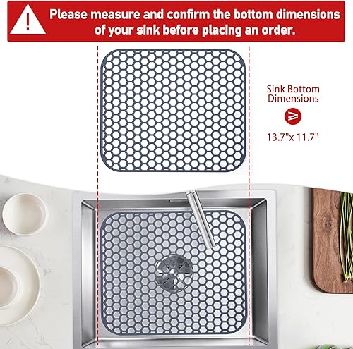 Miniatura 220 de Paquete de 2 tapetes de silicona para fregadero de 13.58 x 11.6 pulgadas, protectores para fregadero de cocina con drenaje central, rejilla Gris