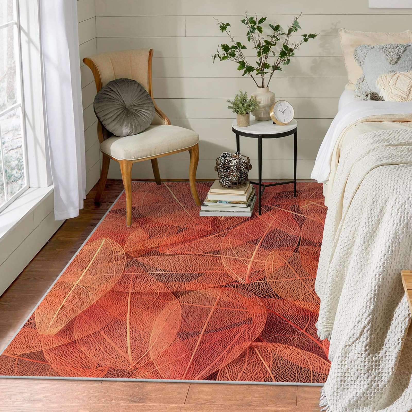 Großer waschbarer Kurzflor-Teppich 200x300 - Blätter Rot Teppiche - Naturästhetik Dünn Saugfähig Vielseitig Carpet für Wohnzimmer Schlafzimmer Oder Als Bettvorlege S&1900