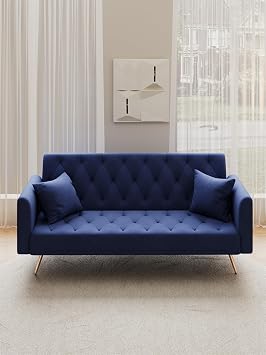 71 Inch Velvet Convertible Sofa Bed, Upholstered Folding Futon Couch with Adjustable Backrest and Armrest, Suitable for Small Living Room, Bedroom, Office, Apartment Blue
