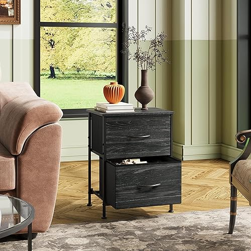 Miniatura 7 de WLIVE Mesita de noche, cómoda pequeña con cajones, cómoda para dormitorio con 2 cajones de tela, mesa de noche negra mesa auxiliar, mesita de noche