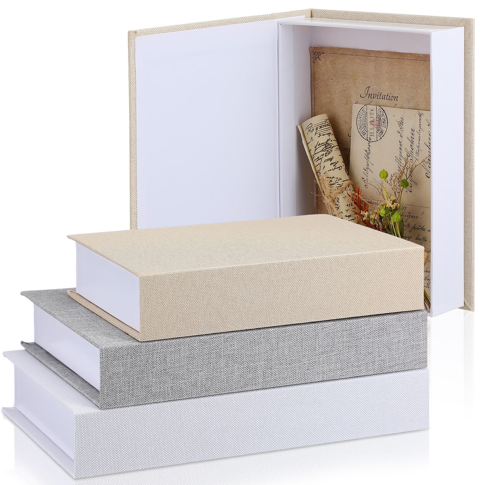 Tioncy 3 Pcs Decorative Linen Faux Book Box Set, Multi Sizes, Neutral Light