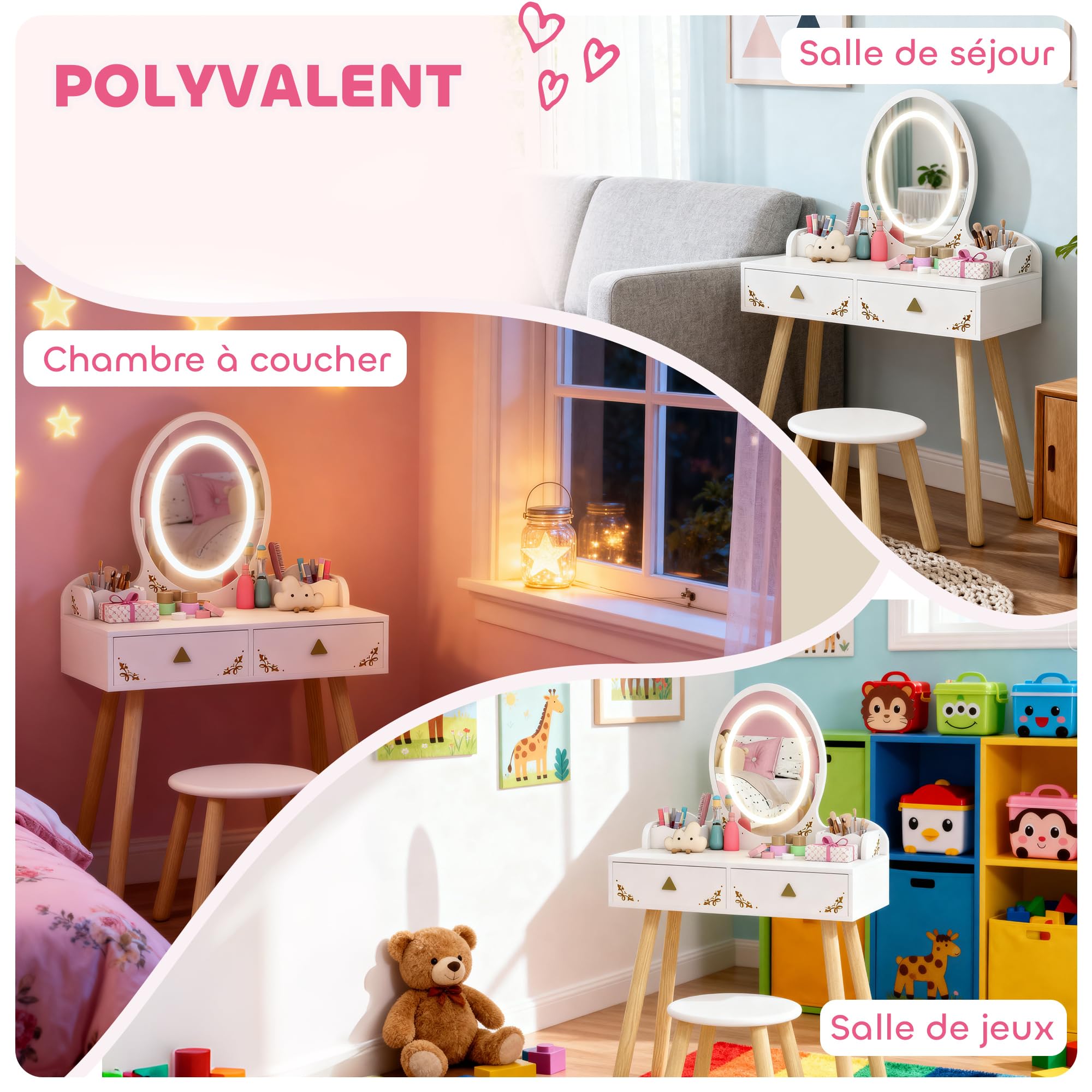 AIYAPLAY Coiffeuse Enfant en Bois 2 en 1, Bureau Enfant Fille avec Miroir à LED 3 Couleurs et Tabouret, Table de Maquillage avec 2 tiroirs et 2 casiers de Rangement Amovibles, 60x30x99,3cm, Blanc