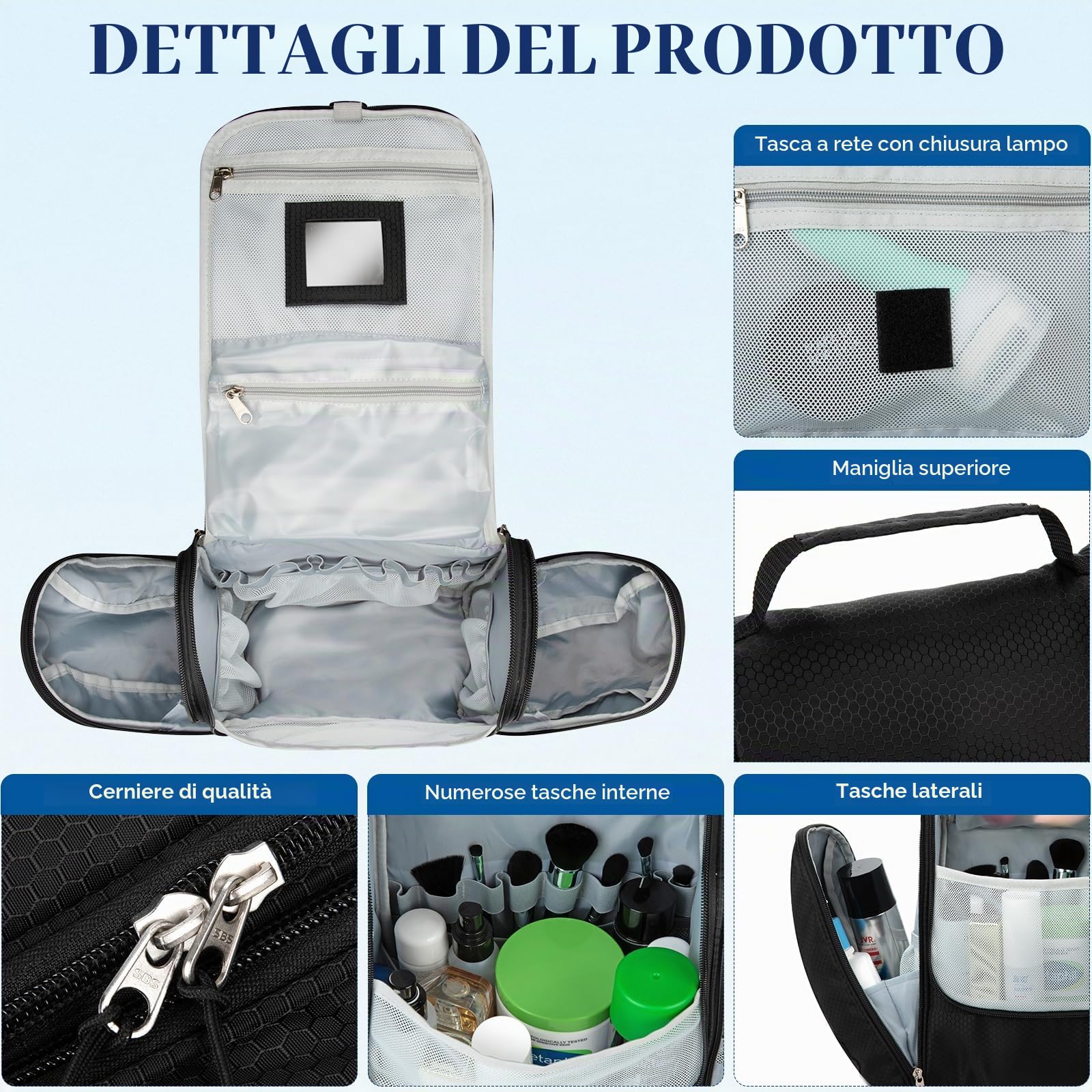 grande beauty case premium da appendere con specchio | Beauty case da donna con gancio | Beauty case da uomo | Beauty case da donna | Borsa per cosmetici grande, Nero XL, xl, Pratico