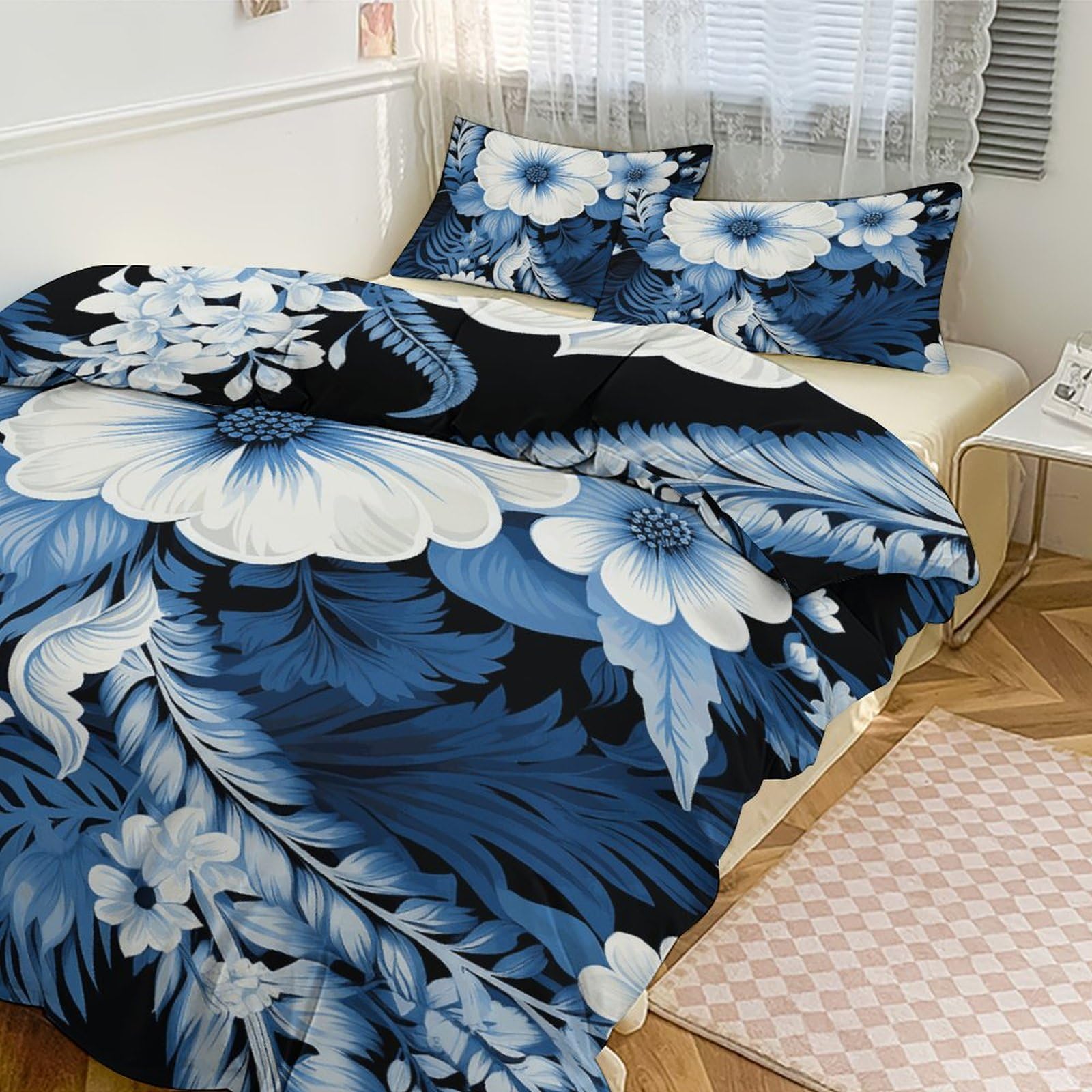 Housse de couette lit double avec 2 taies d'oreiller motif floral bleu et blanc en 3 pièces