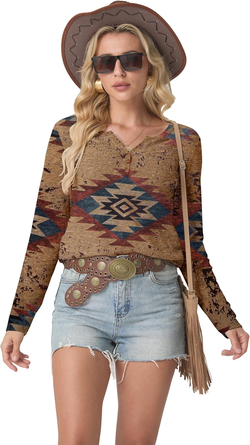 IWOLLENCE Womens Long Sleeve Aztec Western T Shirts Vintage Geometry Graphic Henley Tops Casual Button Down Blouse - Image 2