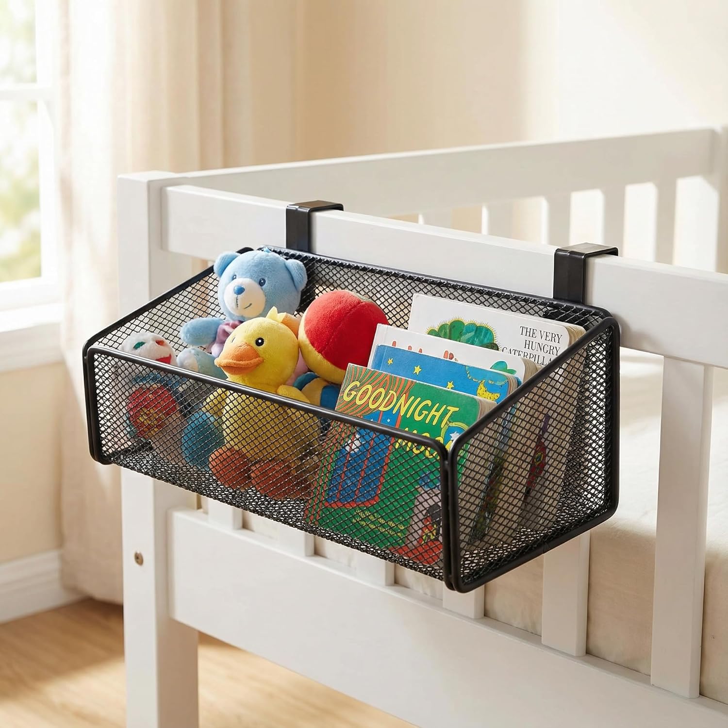 Bedside Caddy Shelf Hanging Storage Basket for Bunk Bed and Office Cubical Walls,Baby Bed Rails,College Dorm Bed Organizer - 5 Pairs Sized Hooks-for Phone Glass Magazine Decor (White) - Image 6