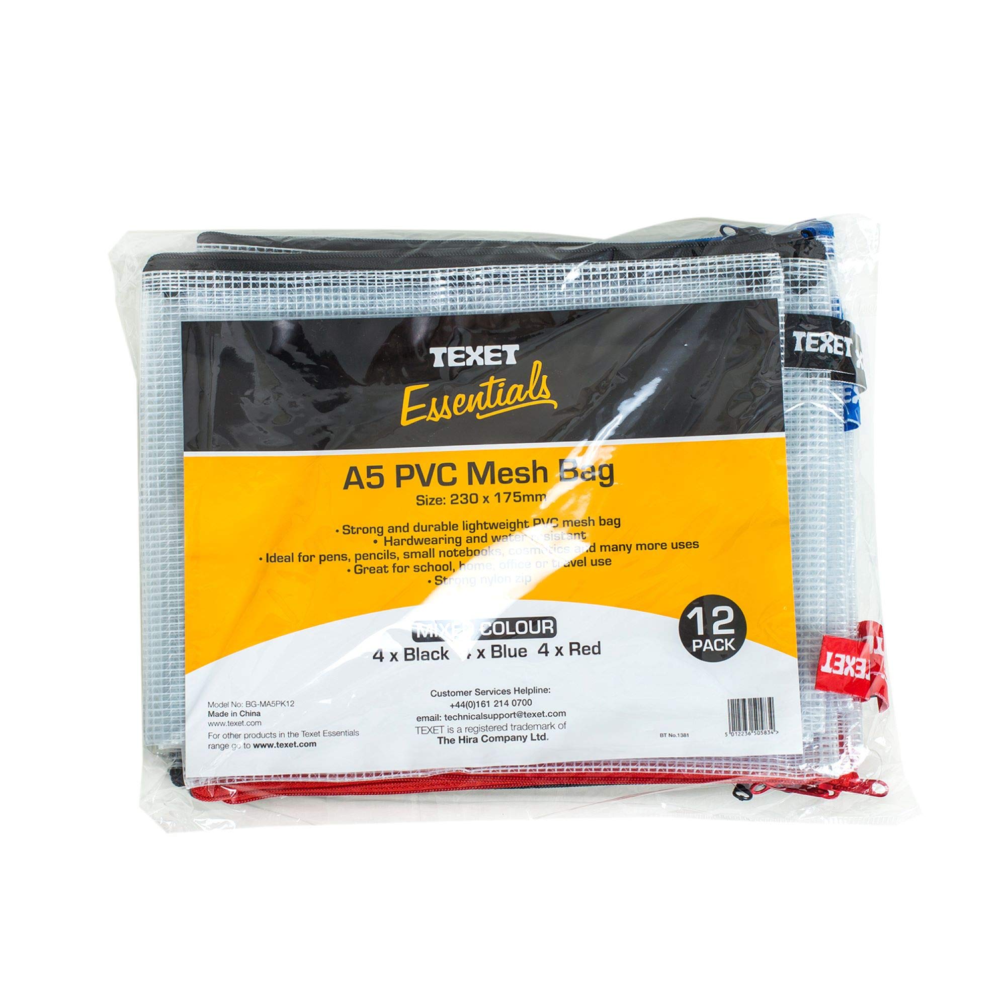 Texet Essentials Range | Size A5 | Strong UPVC Mesh Storage Bags | Assorted Colours | Pack of 12 | We are an Approved Educational Supplier