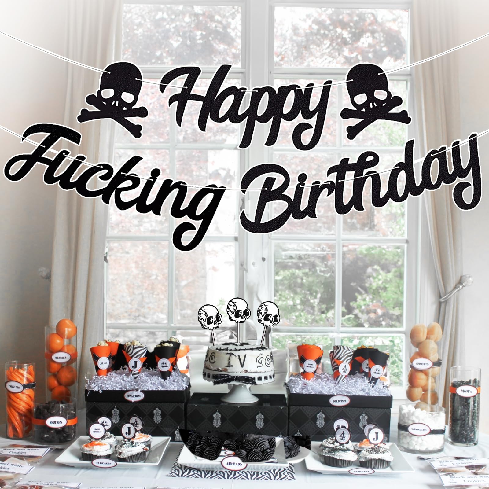 Cartel gótico de feliz cumpleaños, decoración de banderines negros, letrero de calavera