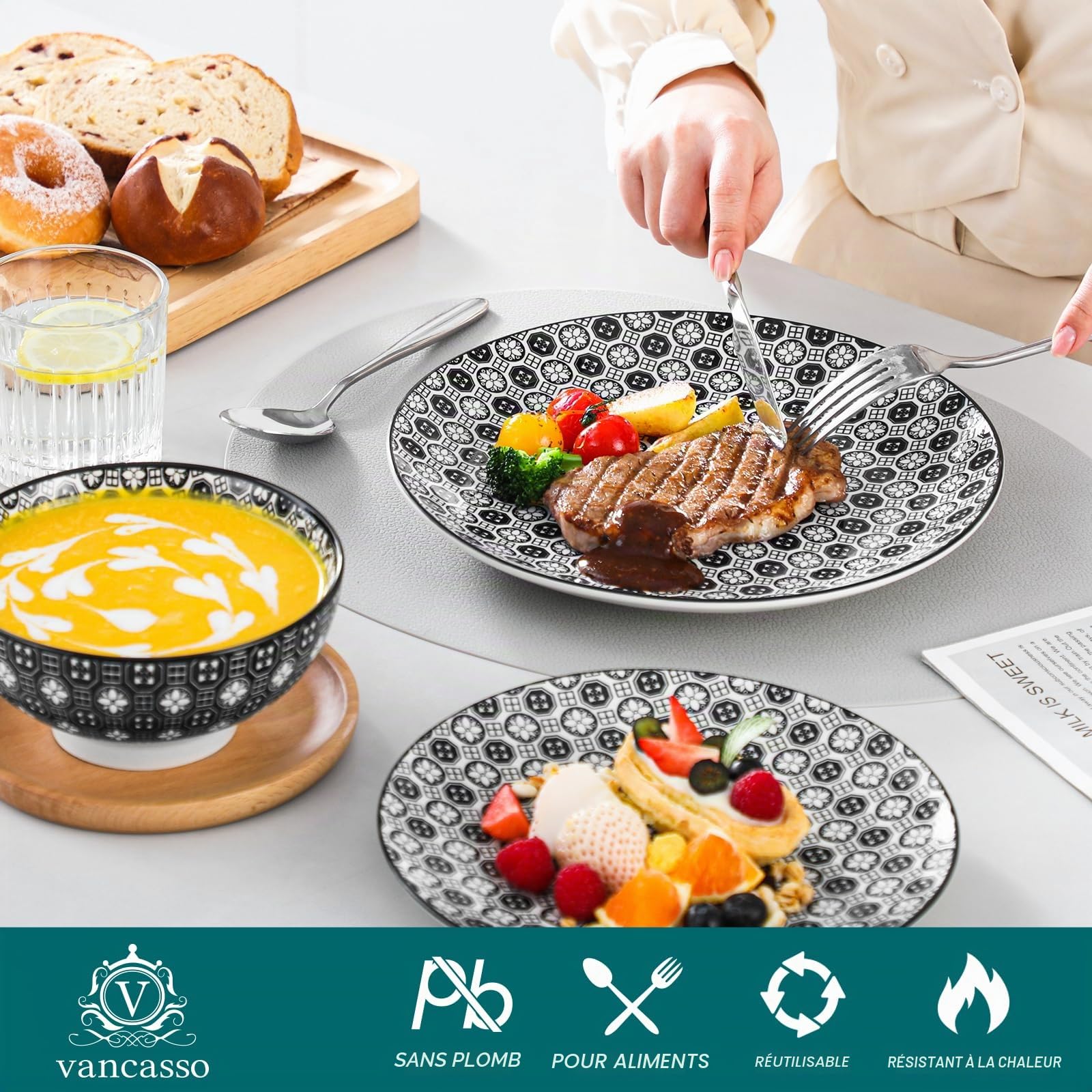 Vancasso, série Haruka, 32 pièces, pour 8 personnes, 8 * assiette plate, 8 * assiette à dessert, 8 * bol céréal, 8 tasses, en porcelaine, style japonais