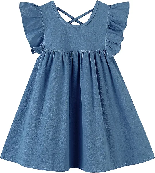 GSVIBK Girls Linen Cotton Dress Flutter Sleeve Back Cross Dress Toddler A-Line Skater Dress Baby Girl Halter Casual Sundress