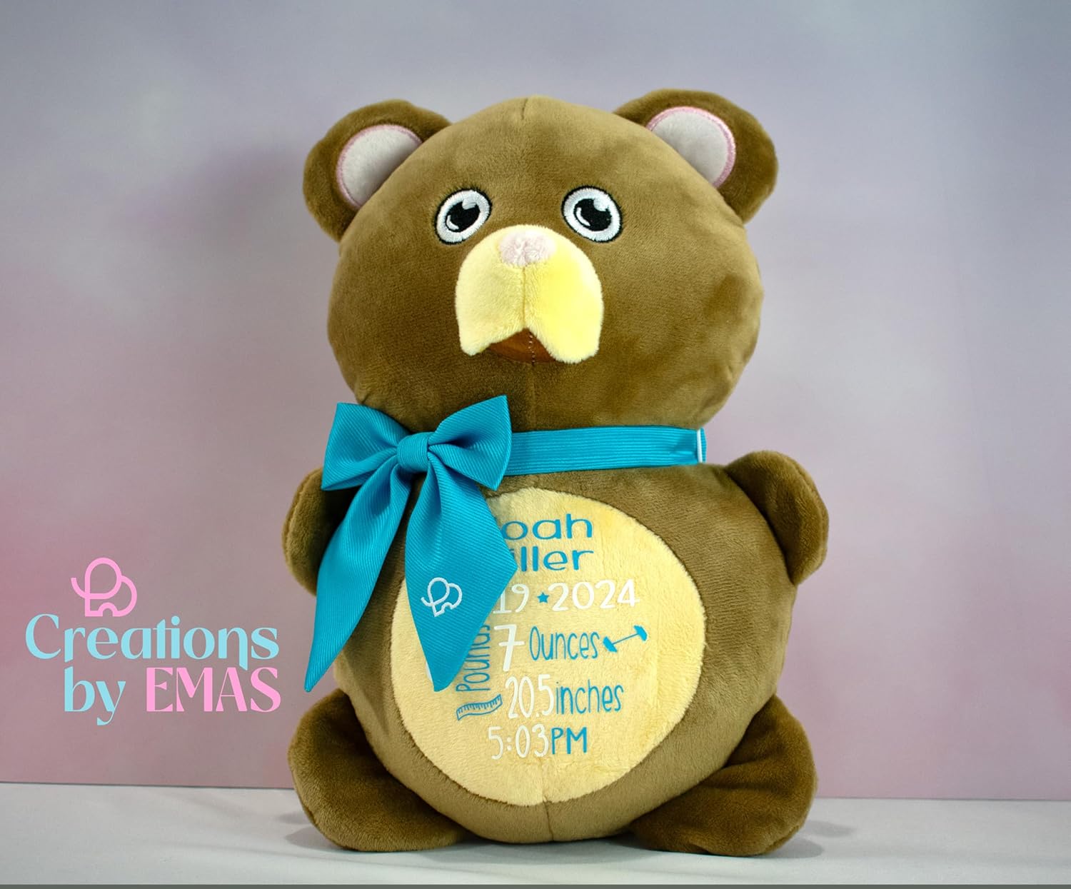 Personalized Baby Gifts Teddy Bear Plush - Custom Birth Stats Stuffed Animal Newborn Boy or Girl, Customized Handmade Nursery Decor Item, Dark Brown 12” Plushie