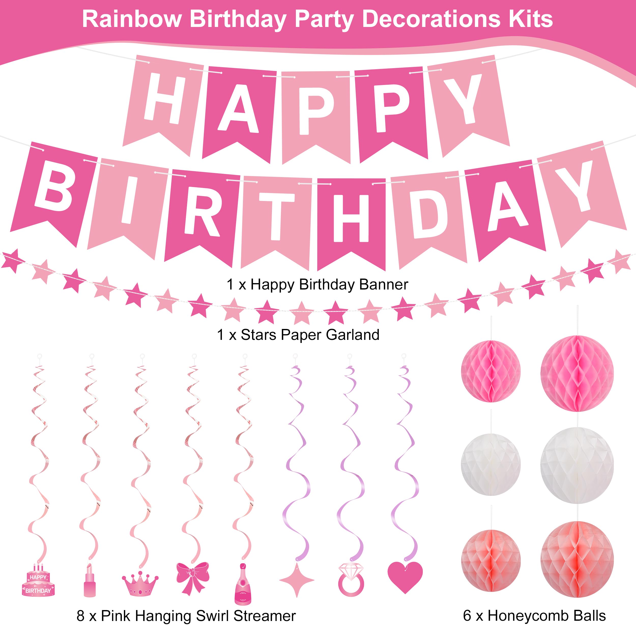 Crosize Pink Happy Birthday Decorations Kit for Women Girls Kids, Pre-Strung Birthday Banner Sign with Tissue Paper Poms, Star Garland, Hanging Swirls Streamers for Party Decor