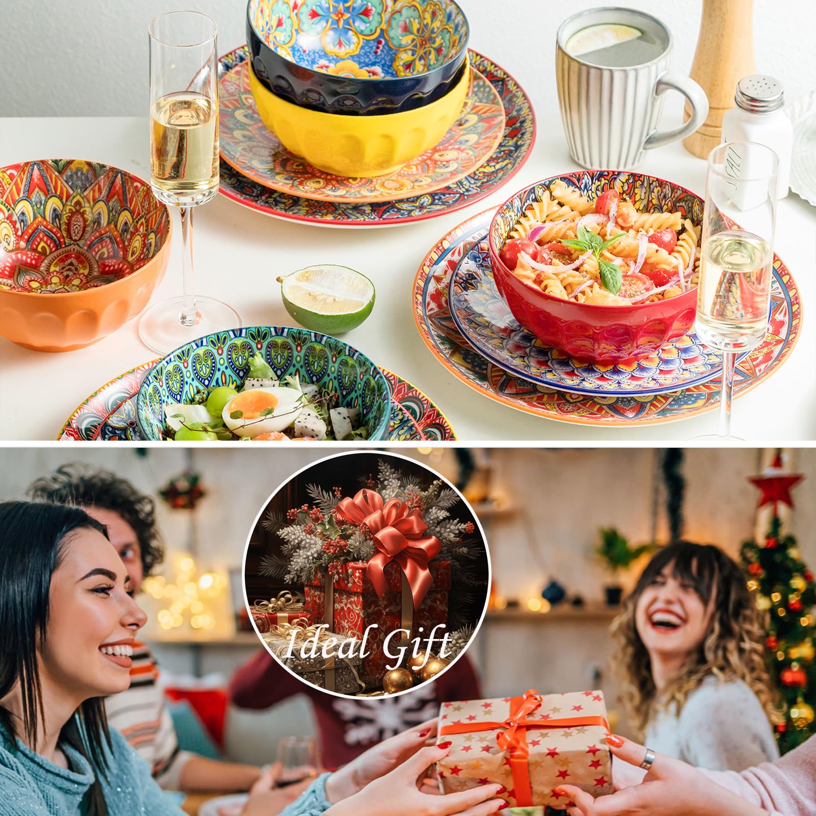Juego de 6 platos llanos, platos grandes de ensalada de postre de 10.5 pulgadas para pasta, filetes, aperitivos, platos de porcelana colorida para servir cocina y fiesta, vajilla moderna -