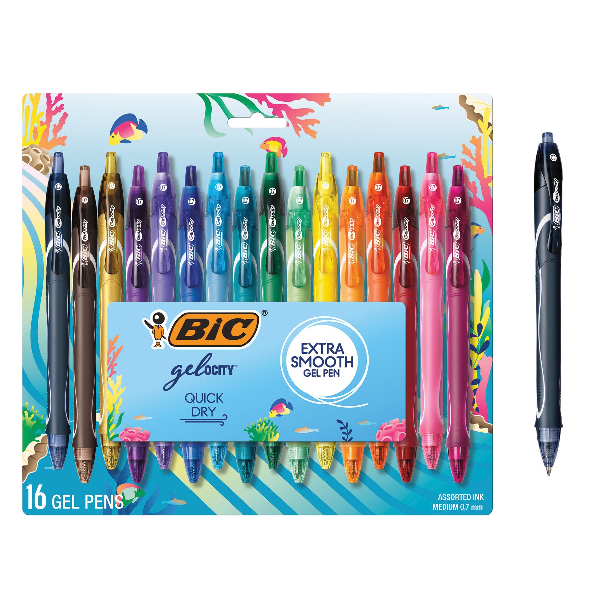 BICGelocity Quick Dry Ocean Themed Gel Pens, Medium Point (0.7mm), 16-Count Gel Pen Set, Colored Gel Pens for Note Taking and Journaling