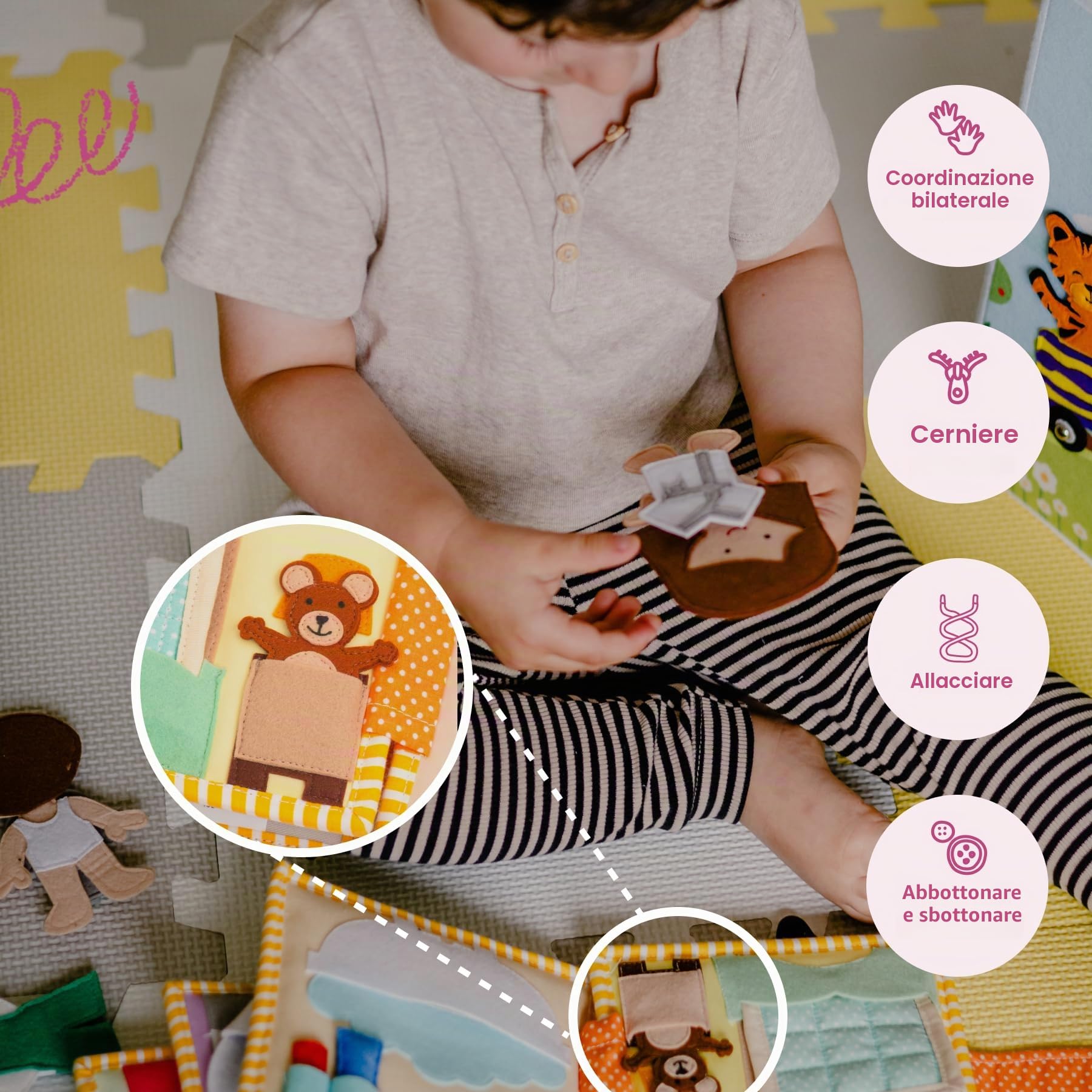 Jolly Designs Mini Quiet Book Beinvenue a Moi – Giocattolo Montessori da 2 anni – Libro sensoriale & Libro tessuto per bambini – Busy Book fatto a mano in feltro – Giocattolo educativo e di viaggio