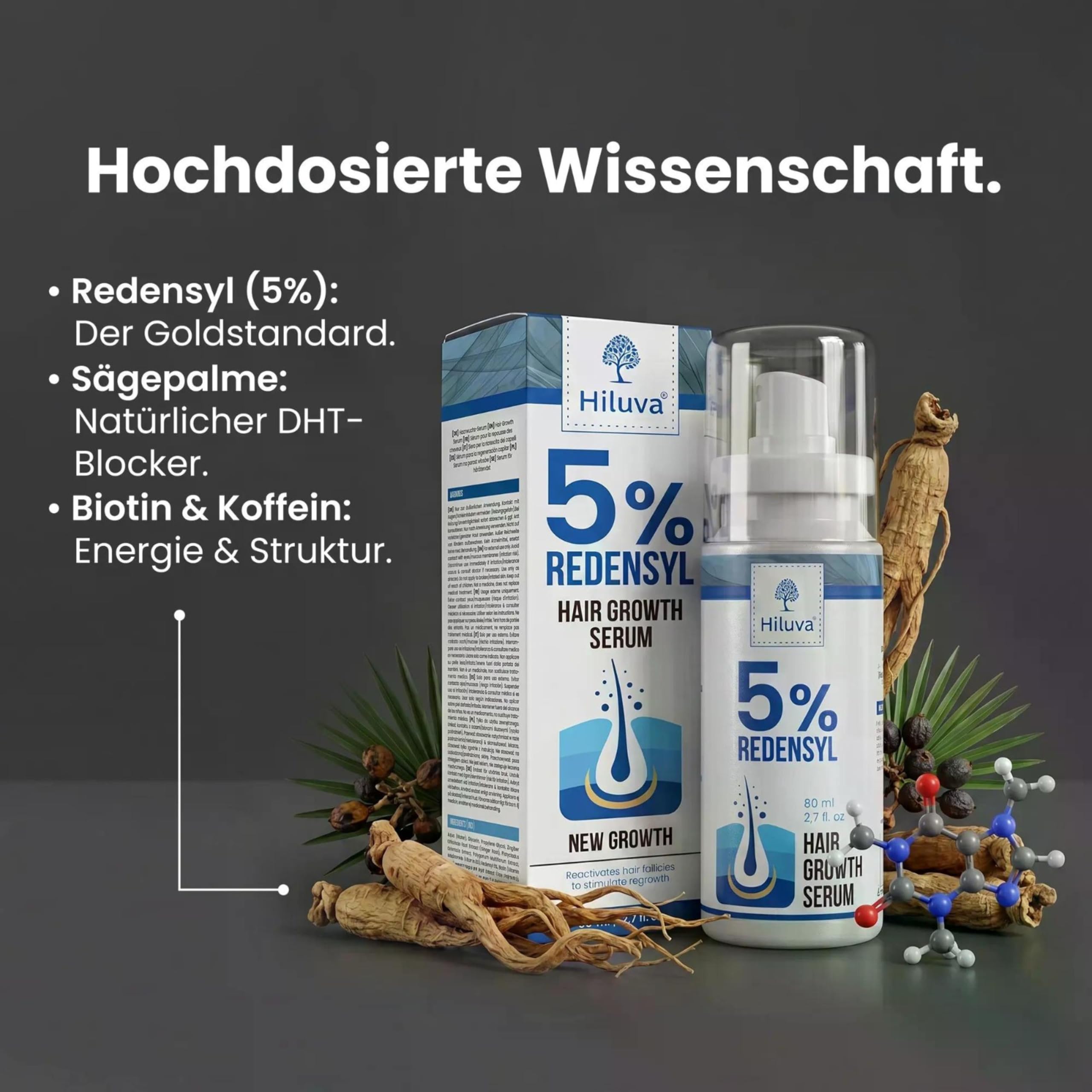 Redensyl Siero per la crescita dei capelli al 5%, 80 ml, ad alto dosaggio, contro la caduta dei capelli, siero per una crescita più rapida dei capelli e più volume, con ginseng e palma, per