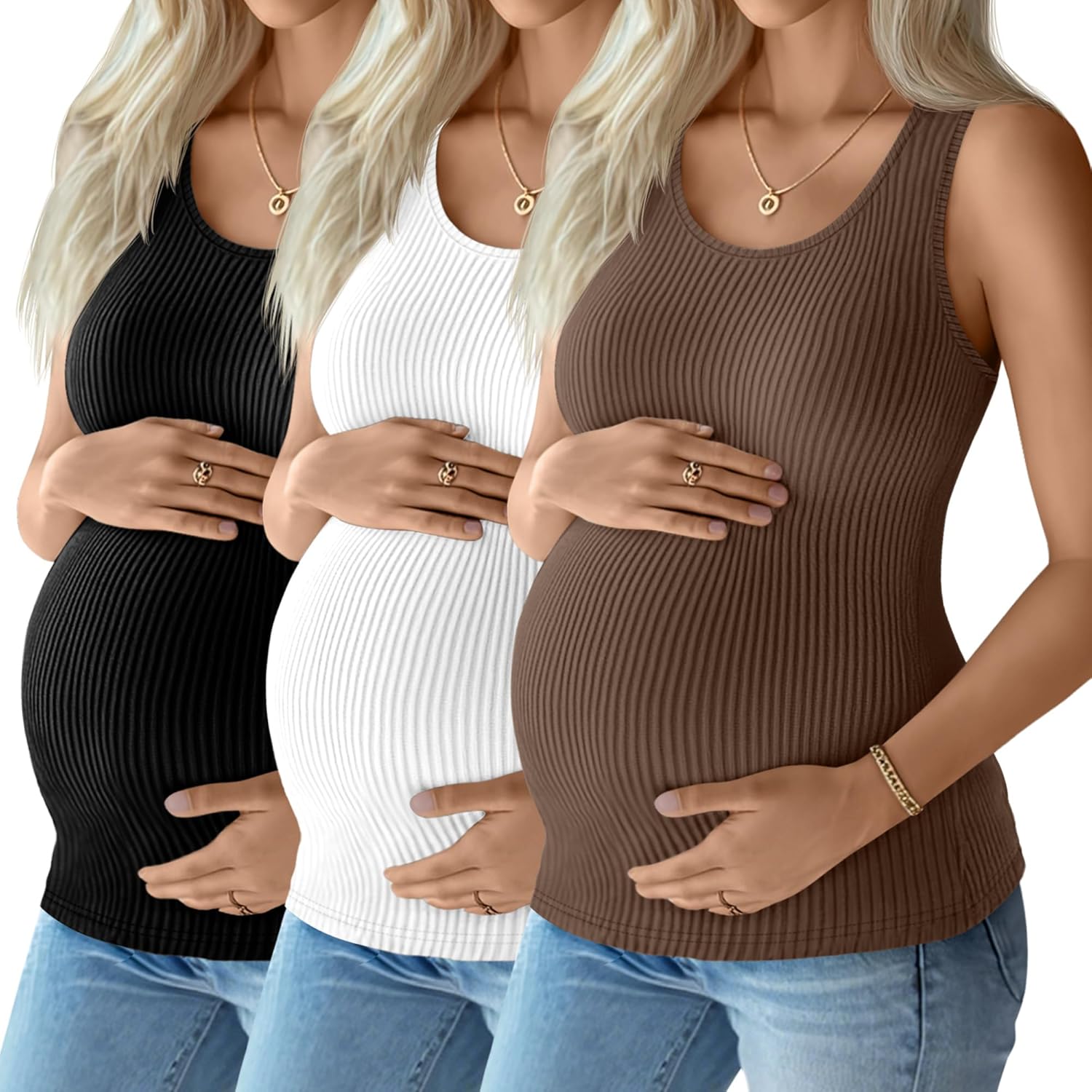 Locoowai 3 Pack Women's Maternity Tank Tops Sleeveless Racerback Summer Pregnancy Shirts Ribbed Knit Mama Clothes