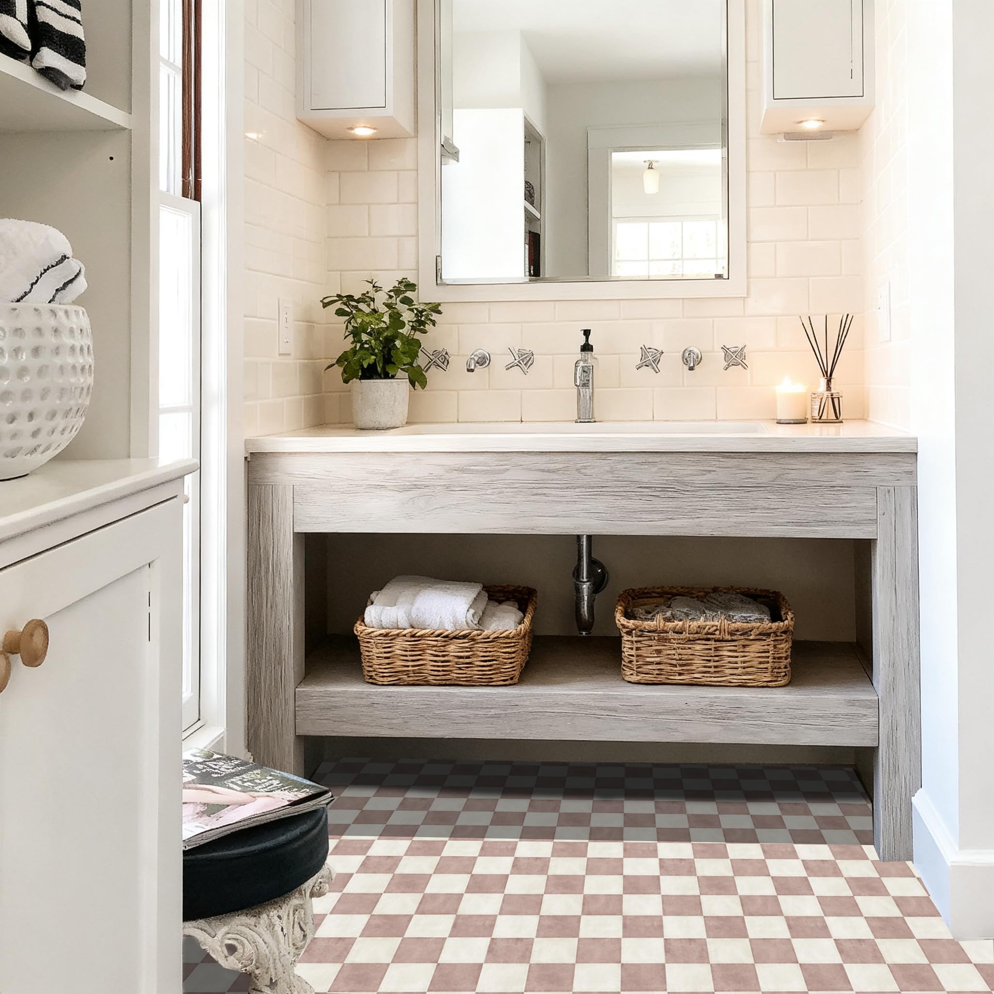 Alwayspon 30 x 30 cm x 10 unidades autoadhesivas para pisos de suelo, pegatinas de vinilo antideslizantes impermeables para decoración de cocina, baño, salón, blanco y rosa a cuadros