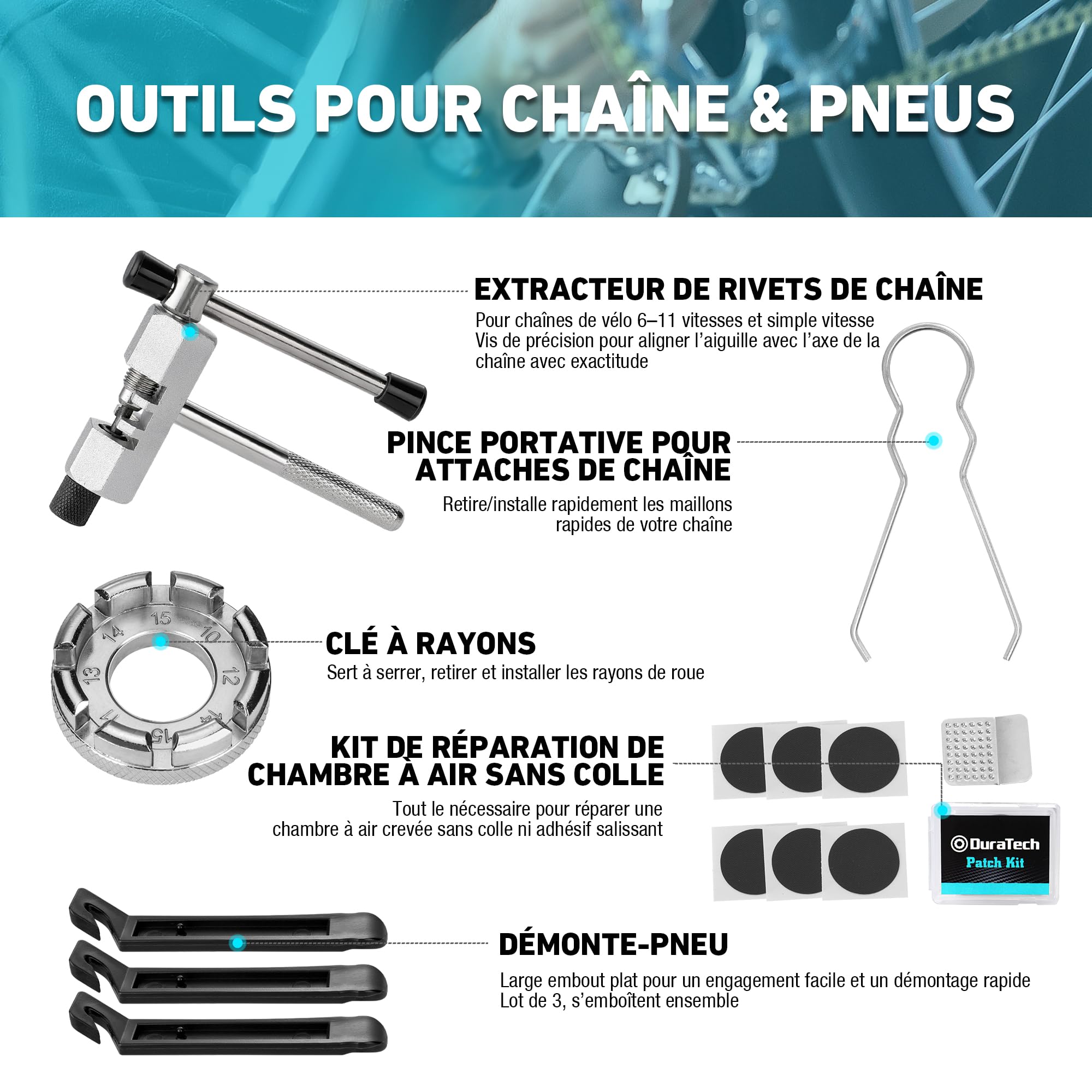 DURATECH Kit d'Outils de Réparation pour Vélo 31 pièces avec Mallette
