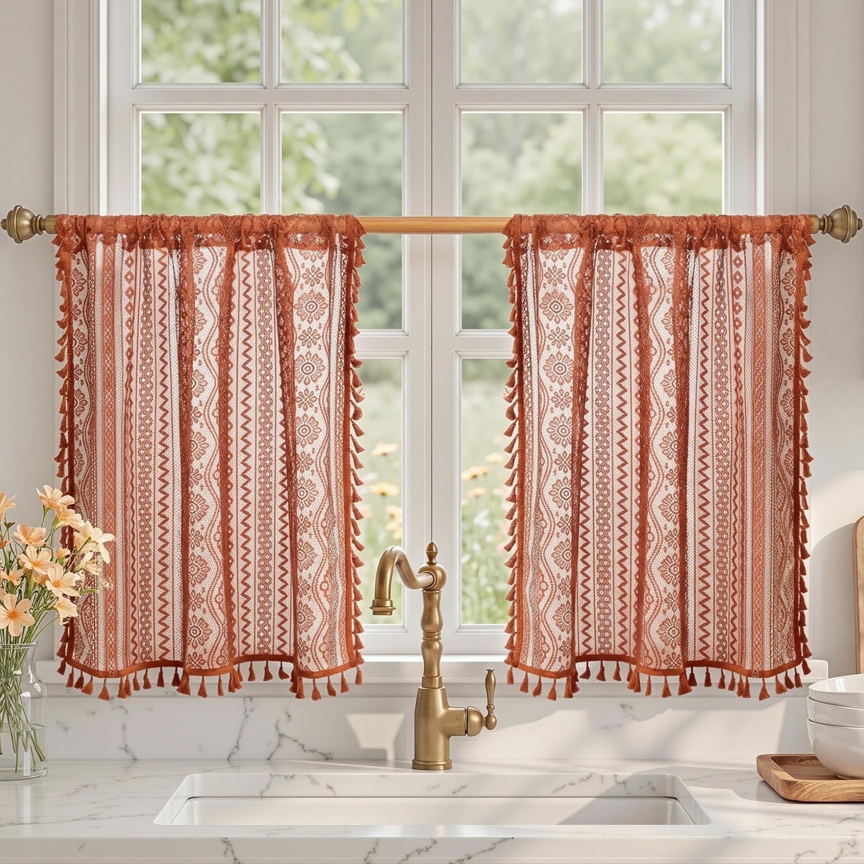 MYSKY HOME Lace Tier Curtains 30 Inch Length 2 Panels Kitchen Cafe Sheer Short Boho Half Country Rod Pocket Curtains for Small Windows Basement Bathroom, 34" Wide Each Panel, Terracotta