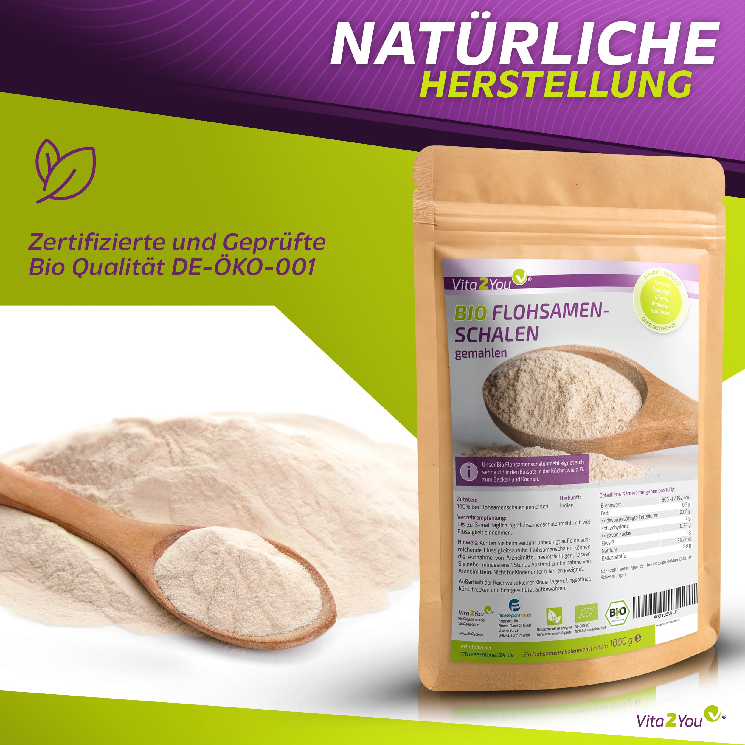 Vita2You Cosses de psyllium bio moulues à 99 % de pureté – 1 kg – farine de psyllium indien – Idéal pour la pâtisserie – 1000 g – Qualité supérieure