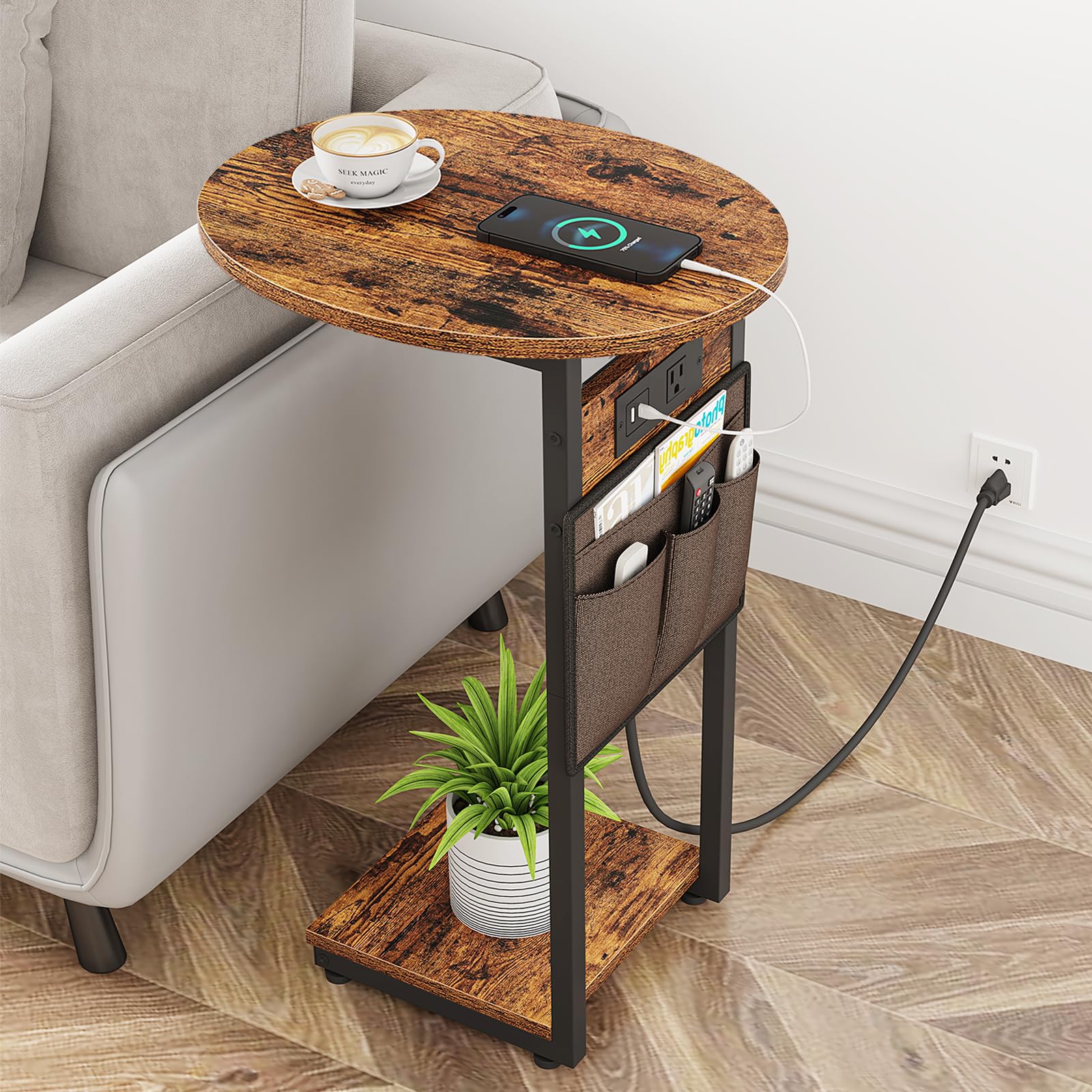 Vagusicc C Shaped End Table with Charging Station, Small Side Table for Couch, TV Tray Table Slide Under Sofa Table for Living Room Bedroom, Round
