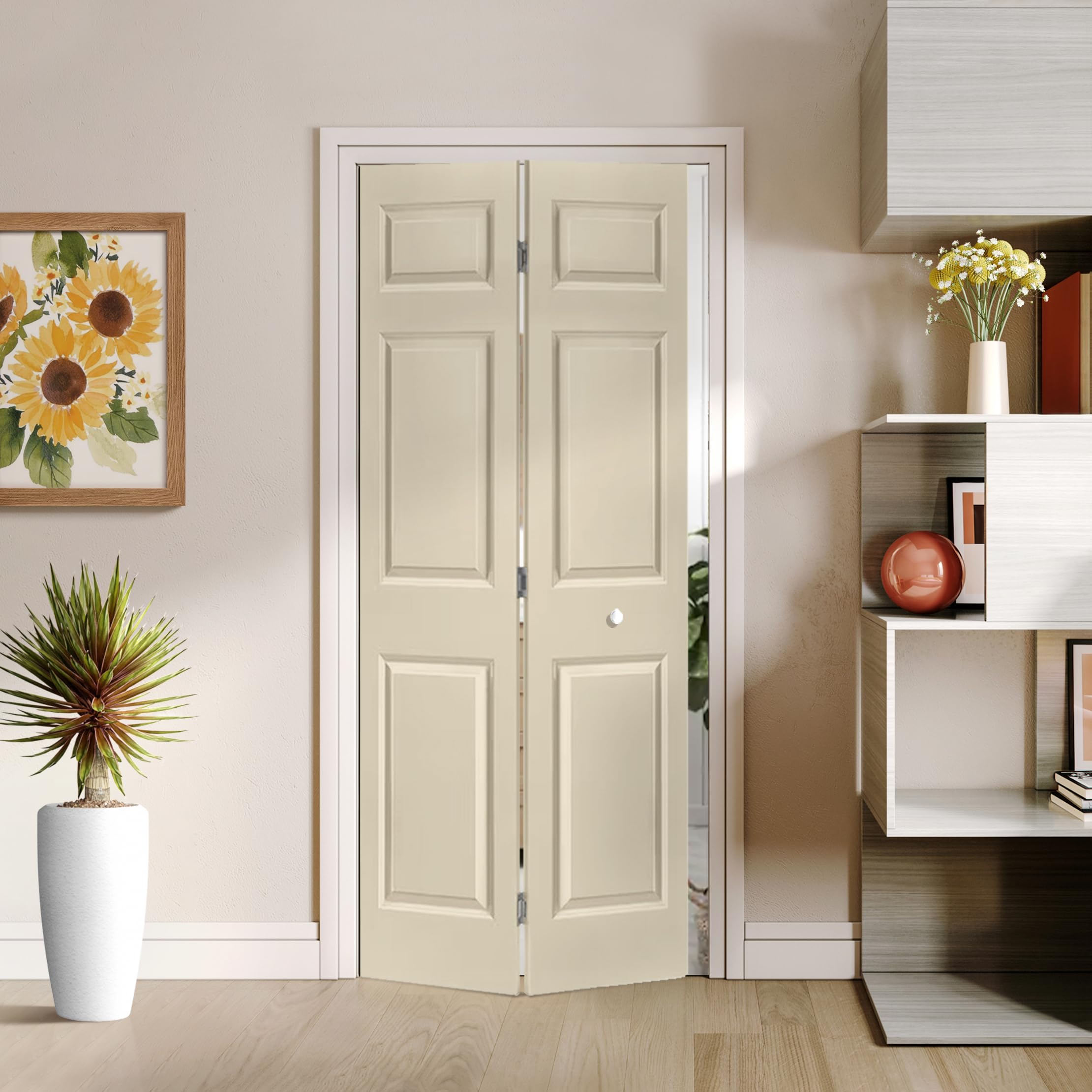 【blank】Hide Inside Double Coat 72 in. x 84 in. Hollow Core 6 Panel Beige Painted MDF Composite Bi