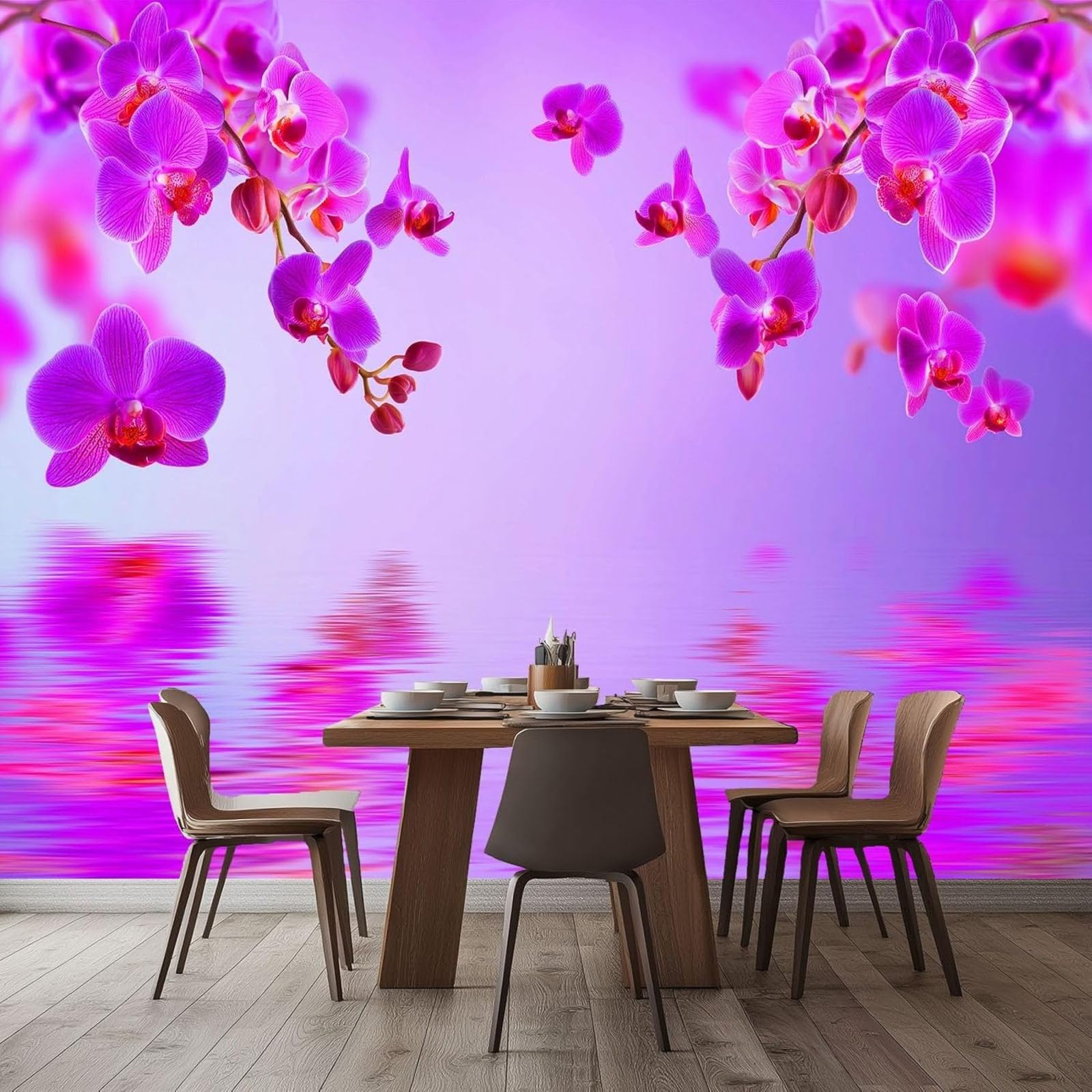 Papier peint fleurs de magnolia violettes pour créer un fond TV 3D élégant dans la chambre