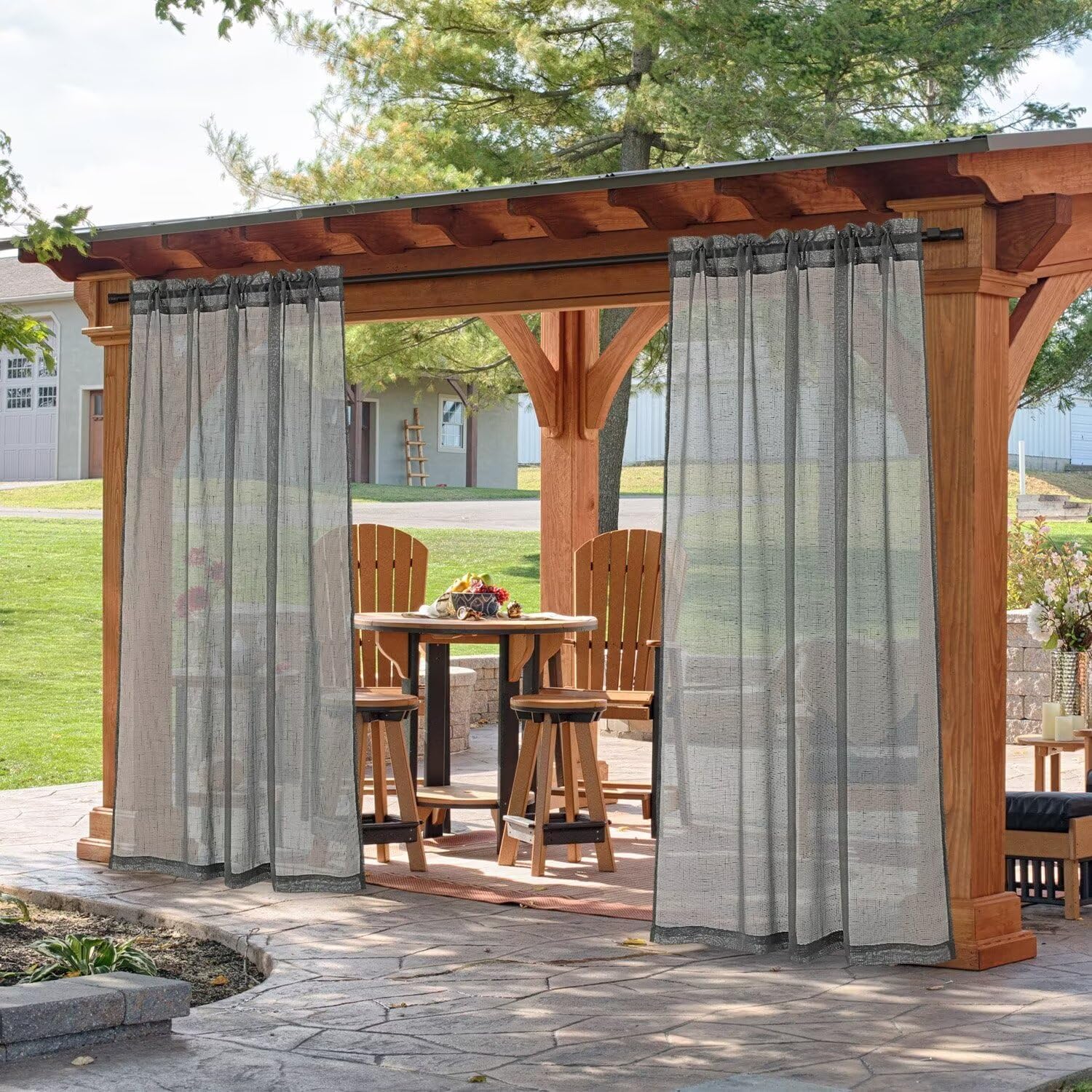 Outdoor Linen Sheer Curtains for Patio Waterproof, 2 Panels Rod Pocket Indoor/Outdoor Sheer Curtain for Pergola, Porch, Cabana and Gazebo，Gray 52 x 95 Inch