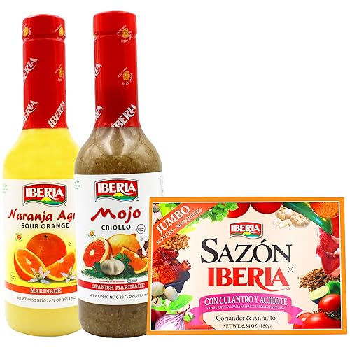Iberia Mojo Criollo - Salsa marinadora española de 20 onzas líquidas + Iberia Naranja Agria, 20 onzas + Iberia Sazon con cilantro y achiote 6.34