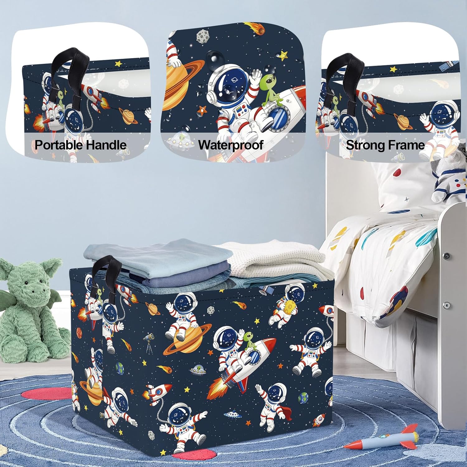 Space Rockets Laundry Hamper Cartoon Astronaut Large Storage Basket Planet Collapsible Parents Organizer Boys Clothes Toy Bins for Bedroom, Bathroom, Alien, 36L