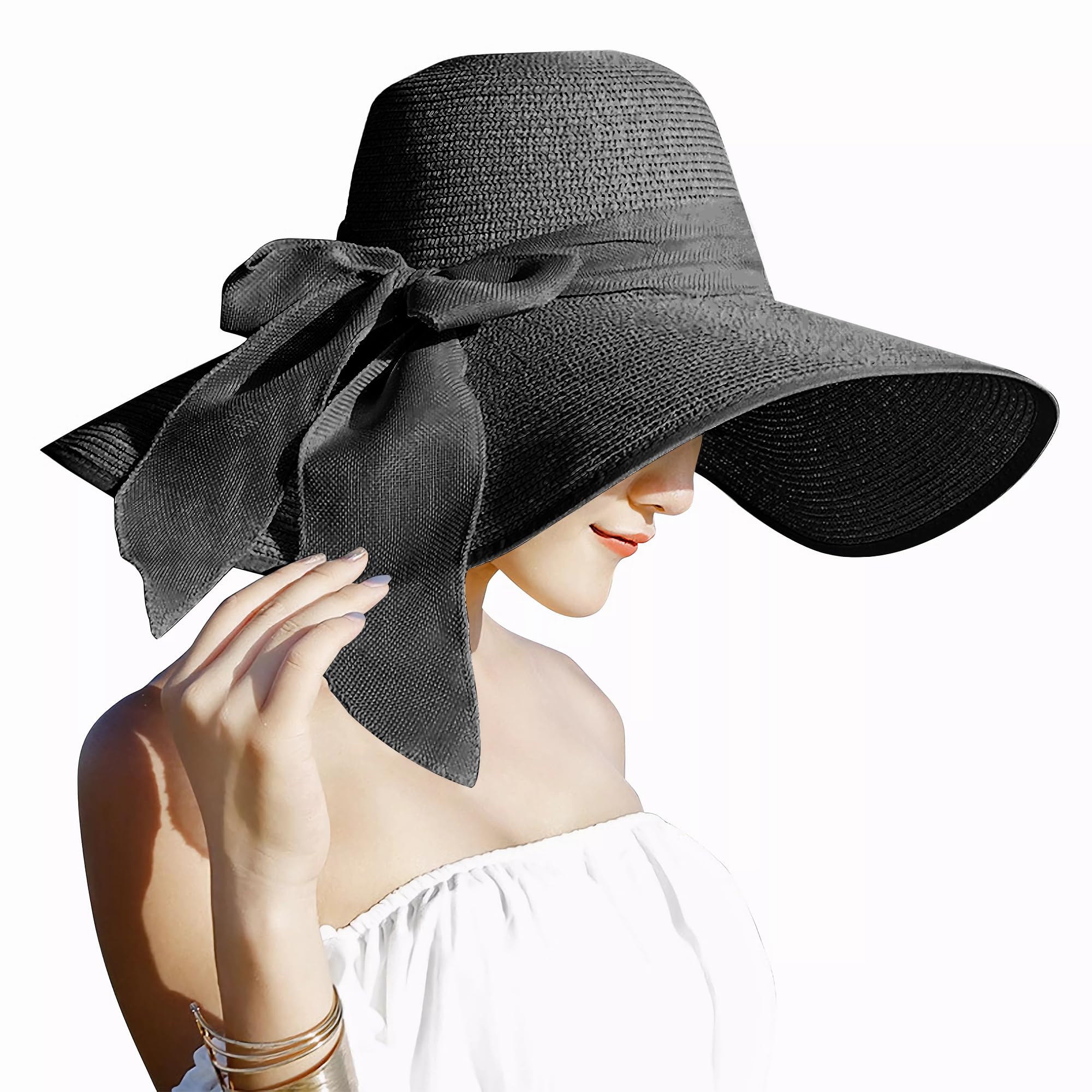 Lanzom Sombrero de paja grande de 5.5 pulgadas para mujer, de 5.5 pulgadas, plegable, enrollable, sombrero de playa, UPF 50+