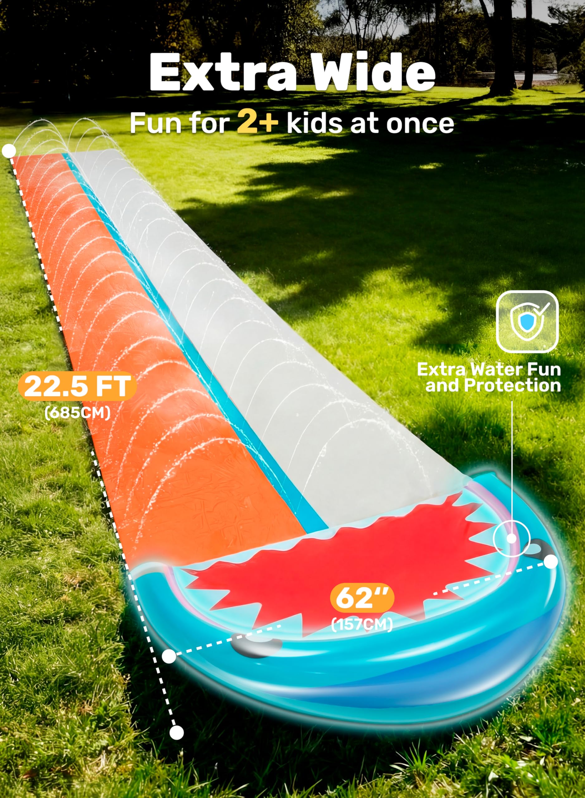 Sloosh 22,5ft Wasserrutsche mit 2 aufblasbaren Boards, doppelte Rasen-Wasserrutsche mit Sprinklern, Sommerspielzeug für Kinder und Erwachsene
