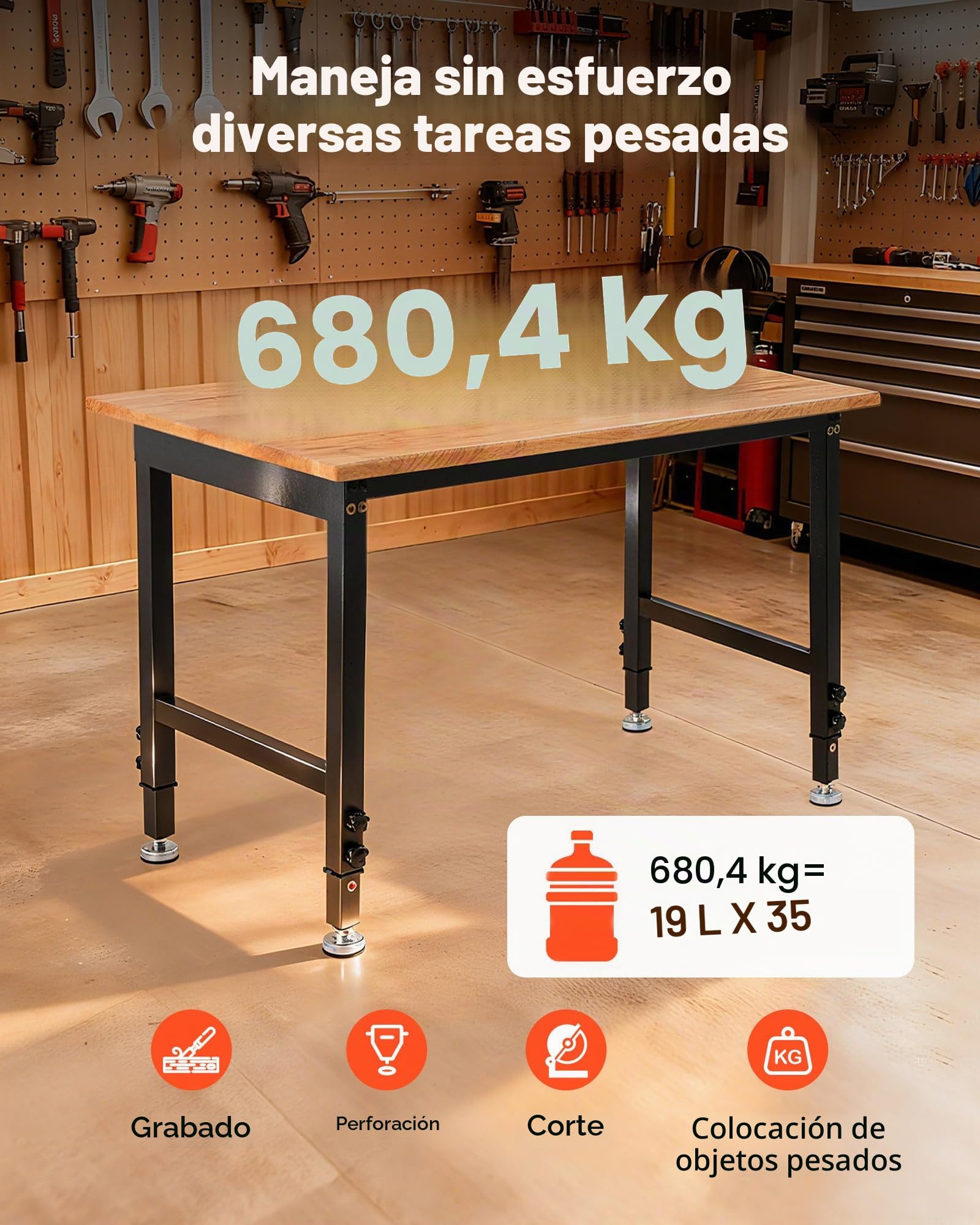 VEVOR Banco de Trabajo 122 x 60 cm, Mesa de Taller Altura Ajustable de 8 Niveles de 67-102 cm, Carga de 680 kg, Mesa de Madera Grosor del Tablero de 2 cm Marco de Metal para Oficina, Garaje, Hogar