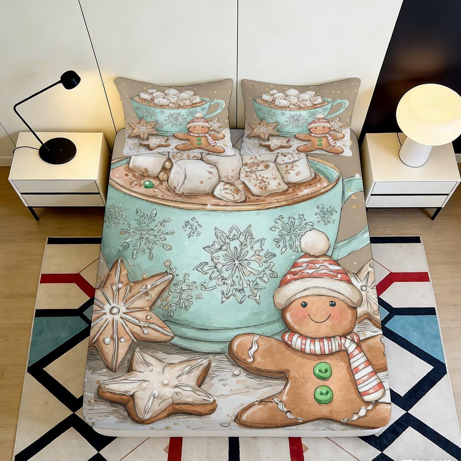 3D Printed Gingerbread Cup Fitted Sheet Microfiber Cozy Bedroom Decor Snowflake Bed Cover Non-slip Washable 90x200x25cm
